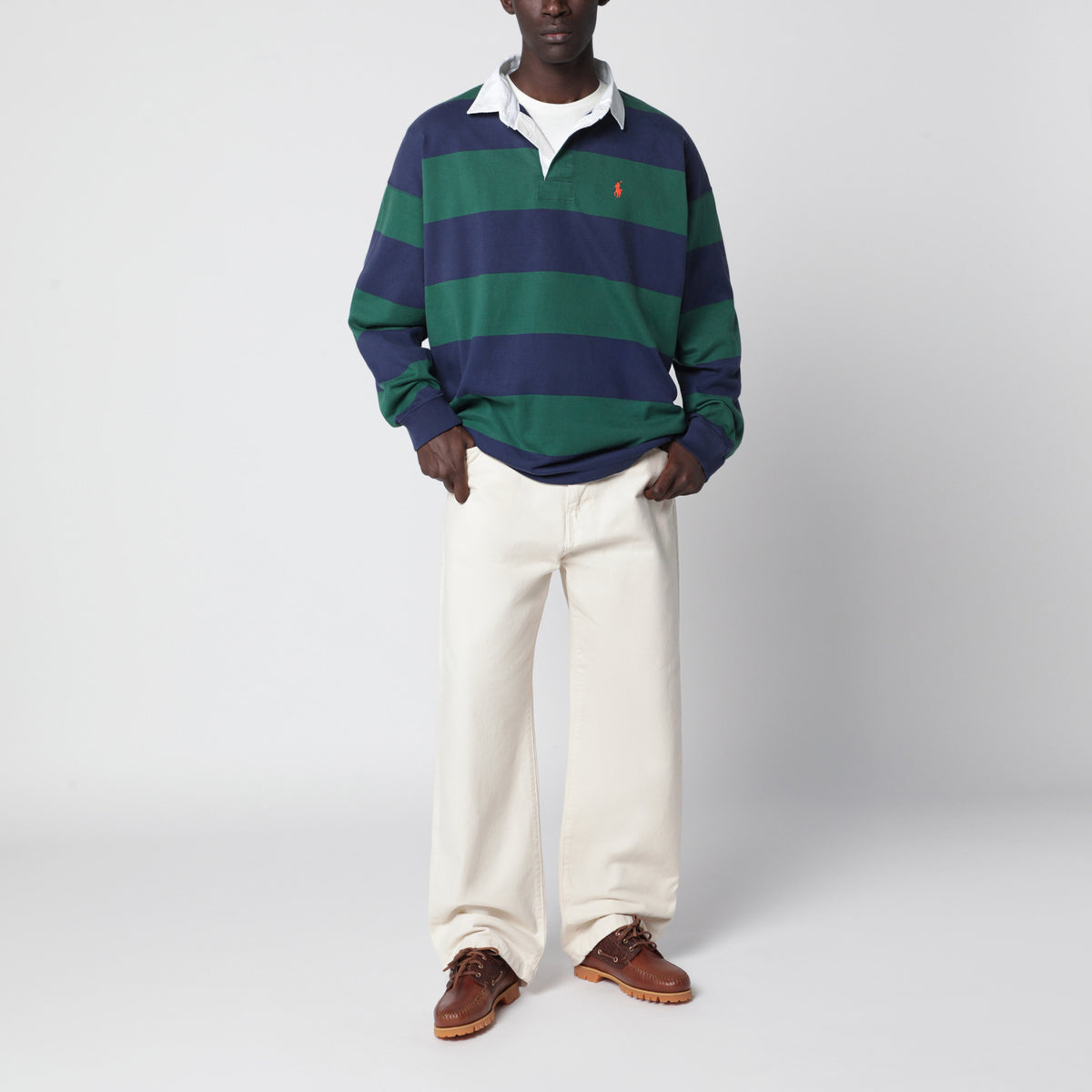 Dark green/blue striped Big-Fit polo shirt in cotton