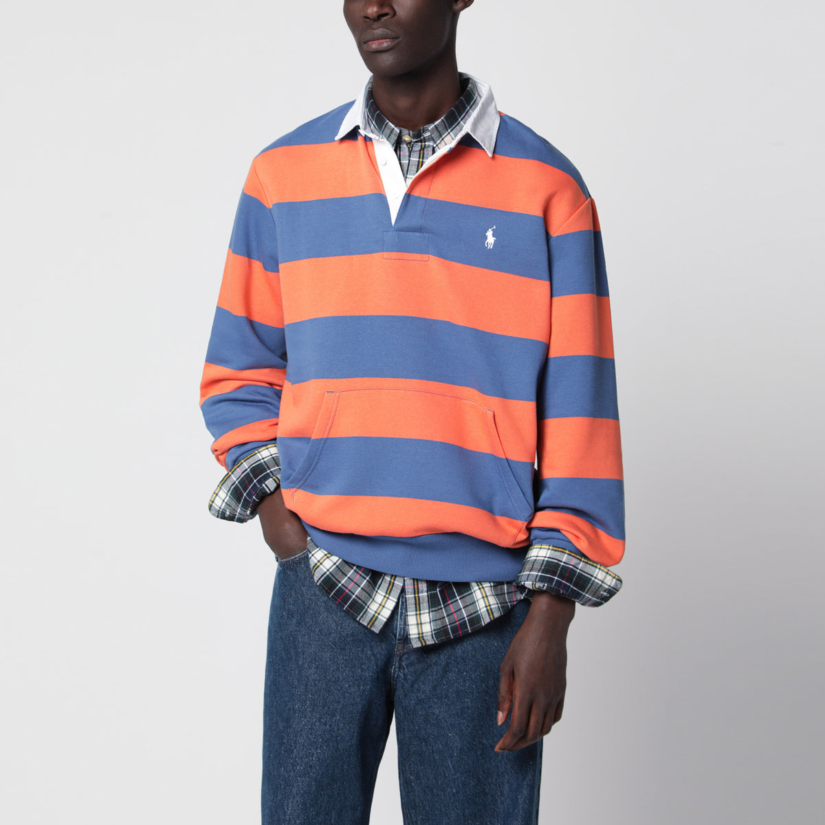 Orange-blau gestreiftes Rugby-Poloshirt mit Polo Bear