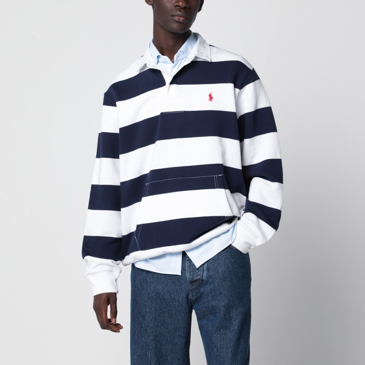 Polo bleu/blanc à rayures en coton