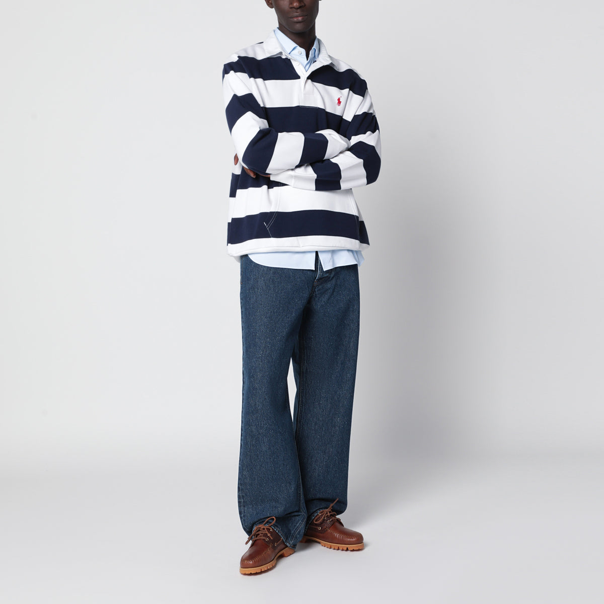 Polo bleu/blanc à rayures en coton