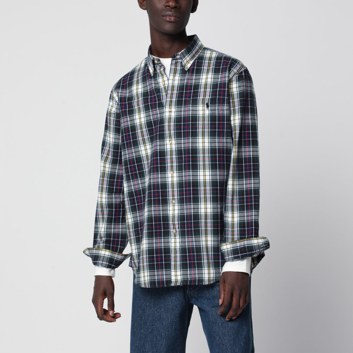 Navy Green Tartan Oxford Cotton Shirt