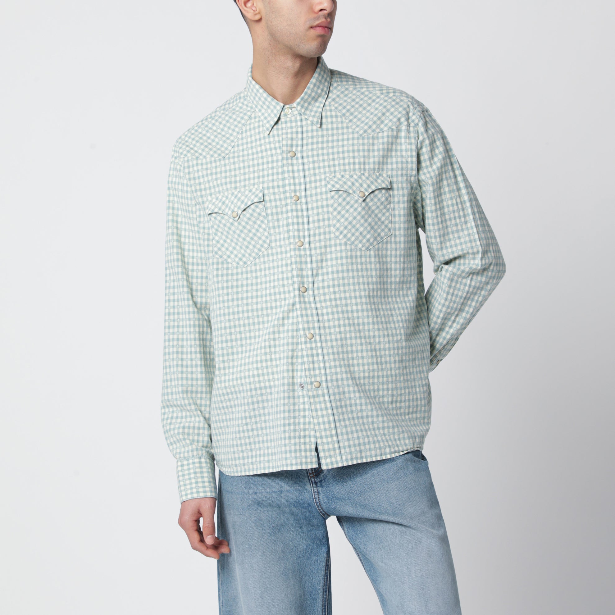 Camicia western in madras Classic-Fit bianca/verde