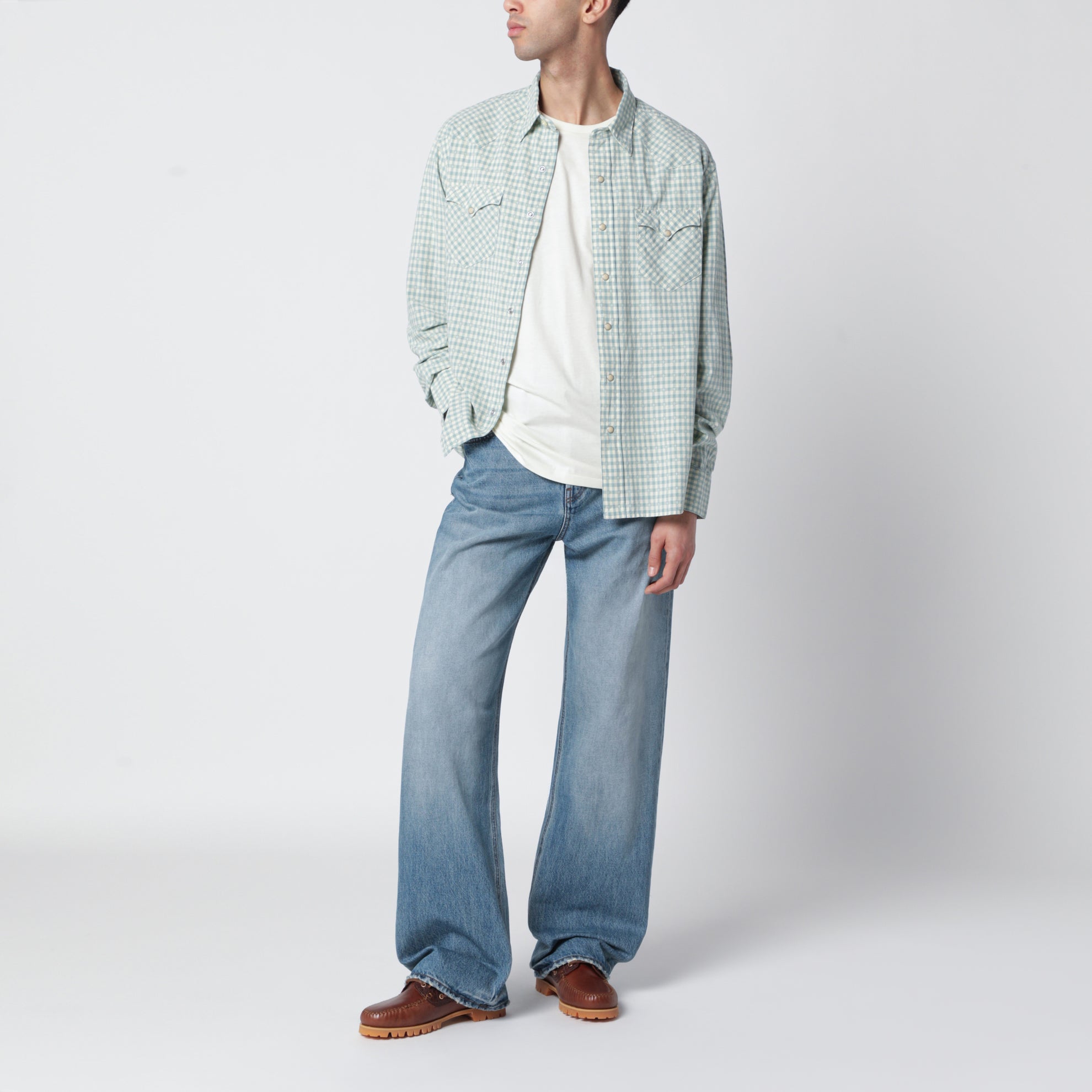 Camicia western in madras Classic-Fit bianca/verde