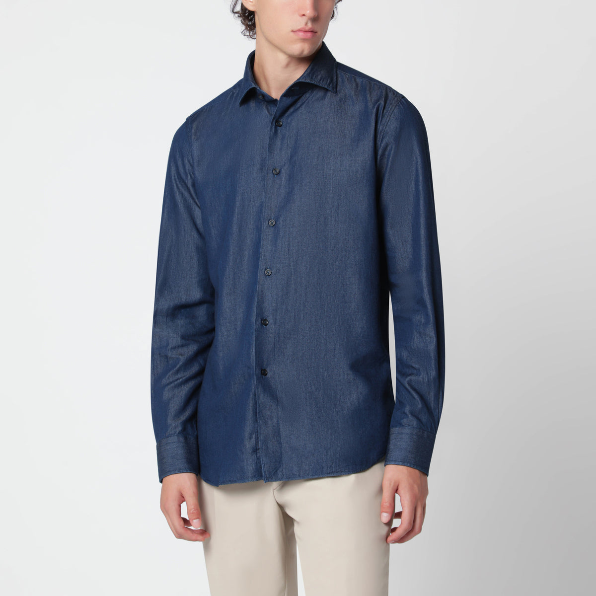 Denim-effect cotton-blend Tailor Fit shirt