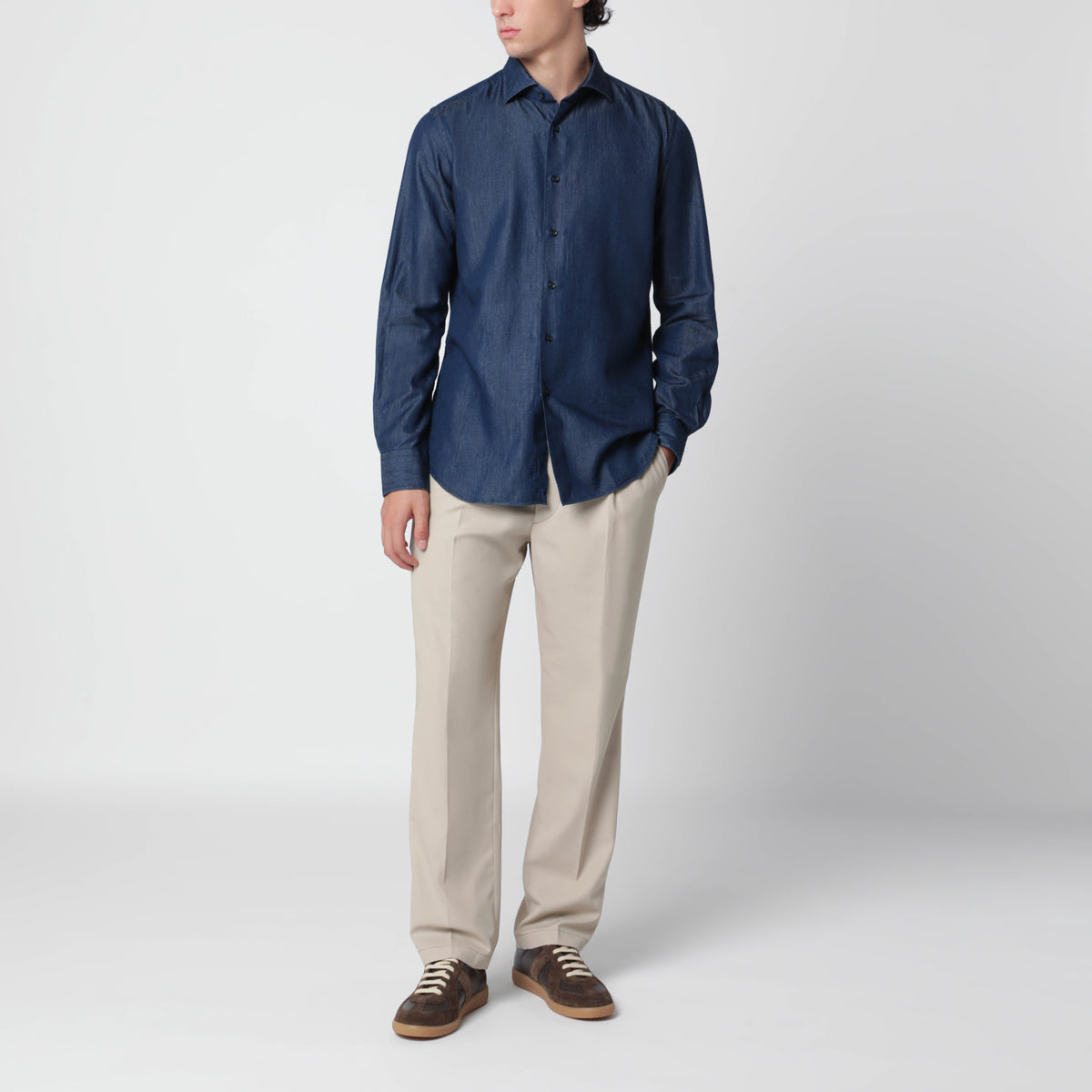Denim-effect cotton-blend Tailor Fit shirt