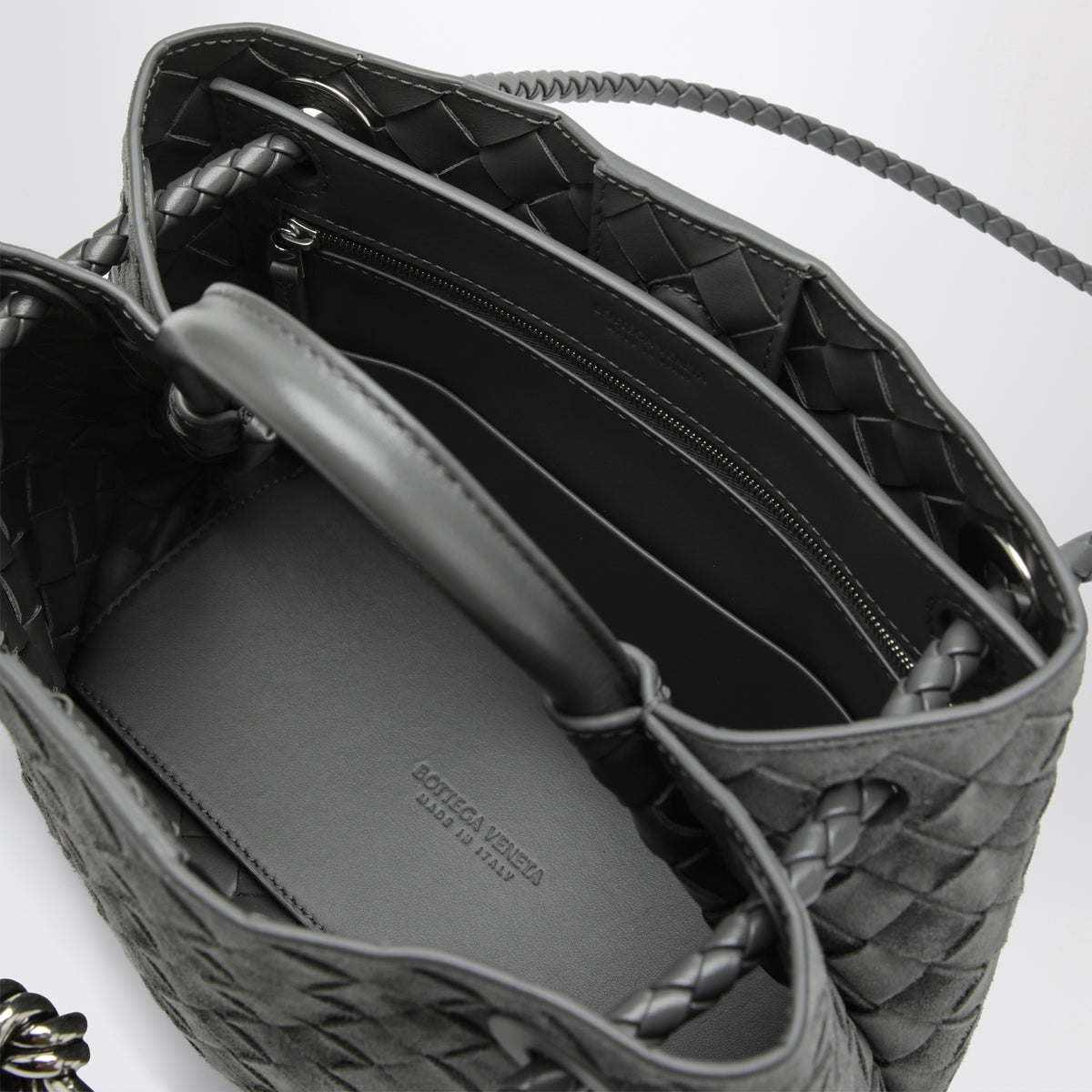 Small Andiamo handbag in grey woven suede
