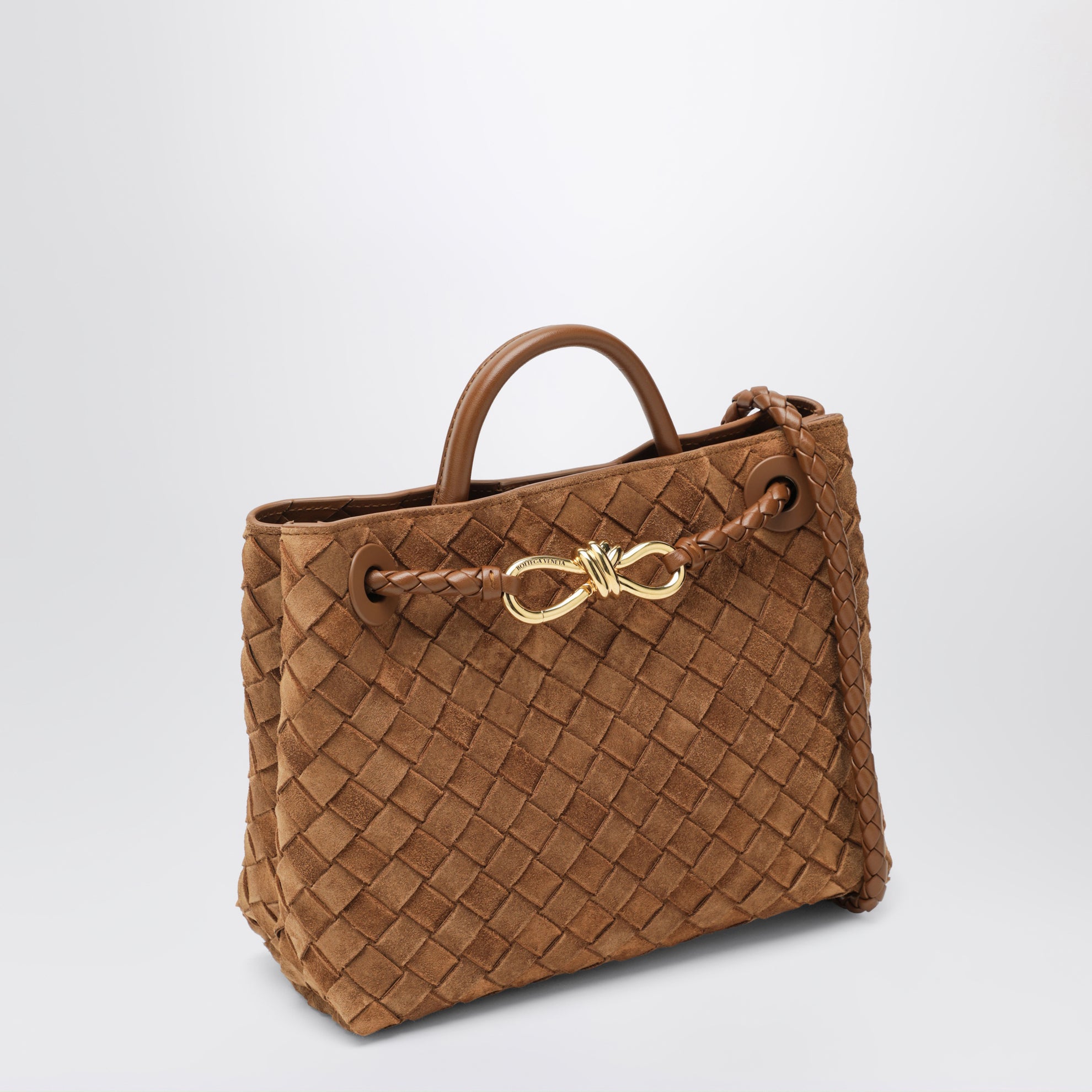 Borsa a mano Andiamo piccola in suede intrecciato color ambra