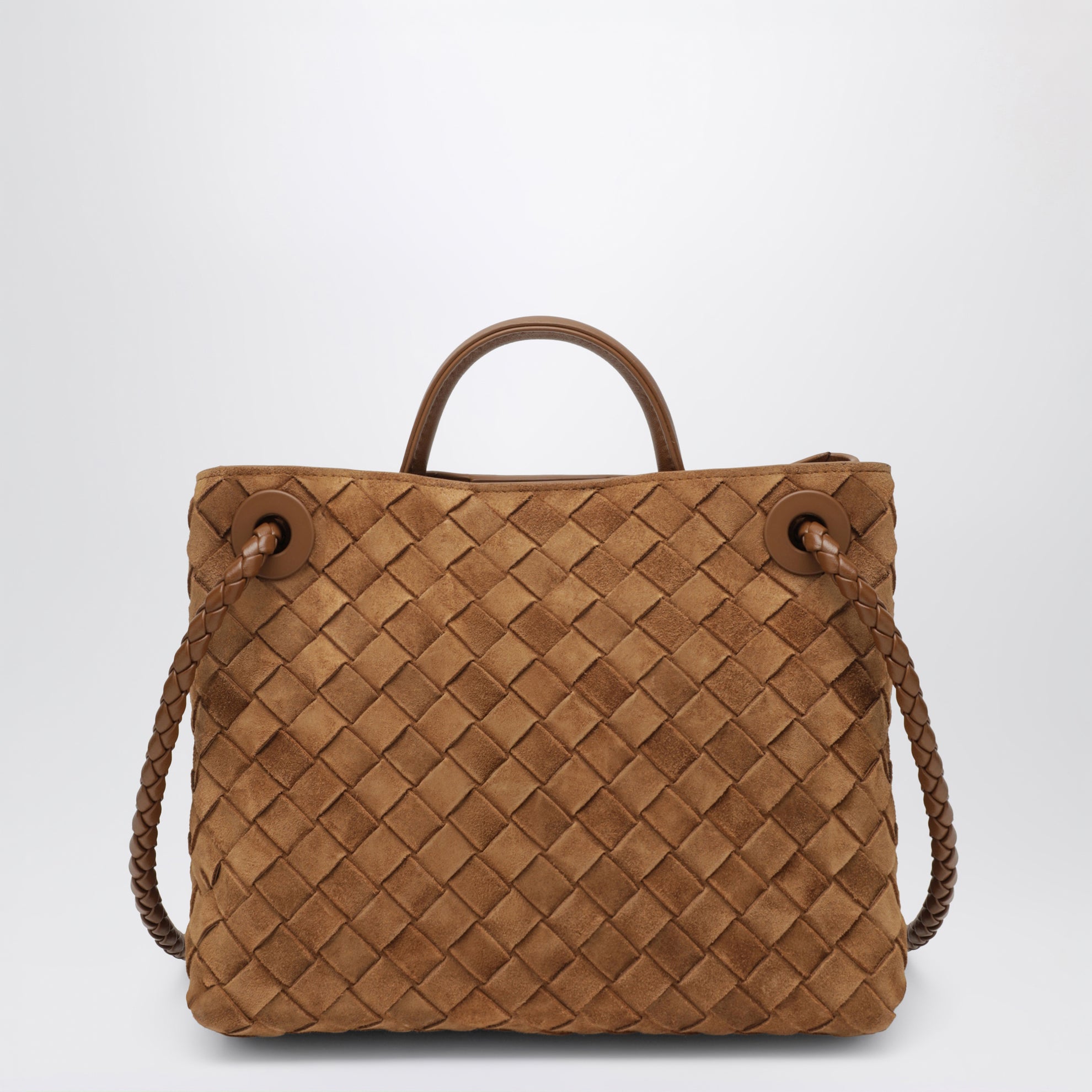 Borsa a mano Andiamo piccola in suede intrecciato color ambra