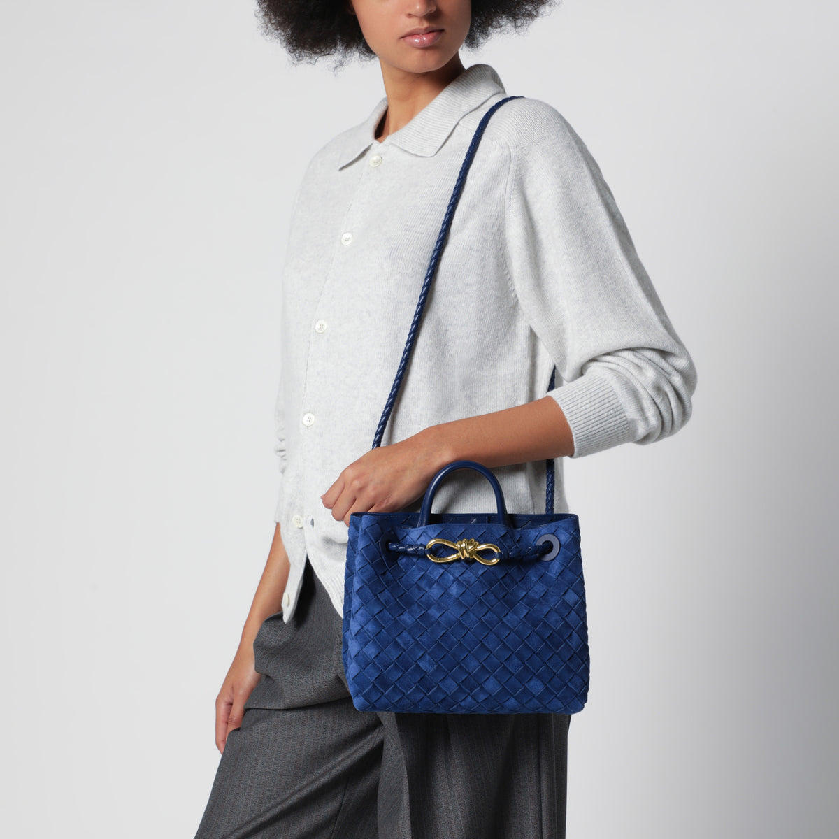 Small Andiamo handbag in Blue Royal Intrecciato suede