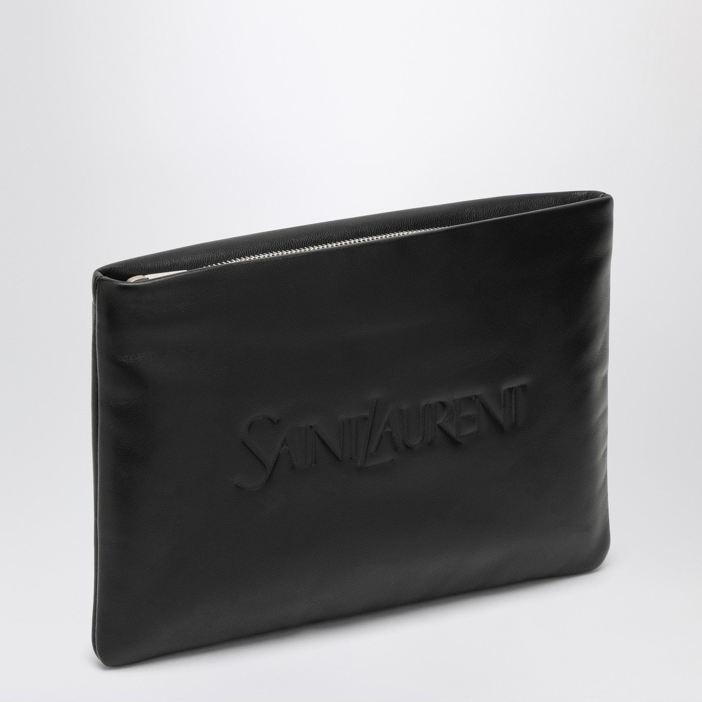 Pochette imbottita nera in pelle con logo