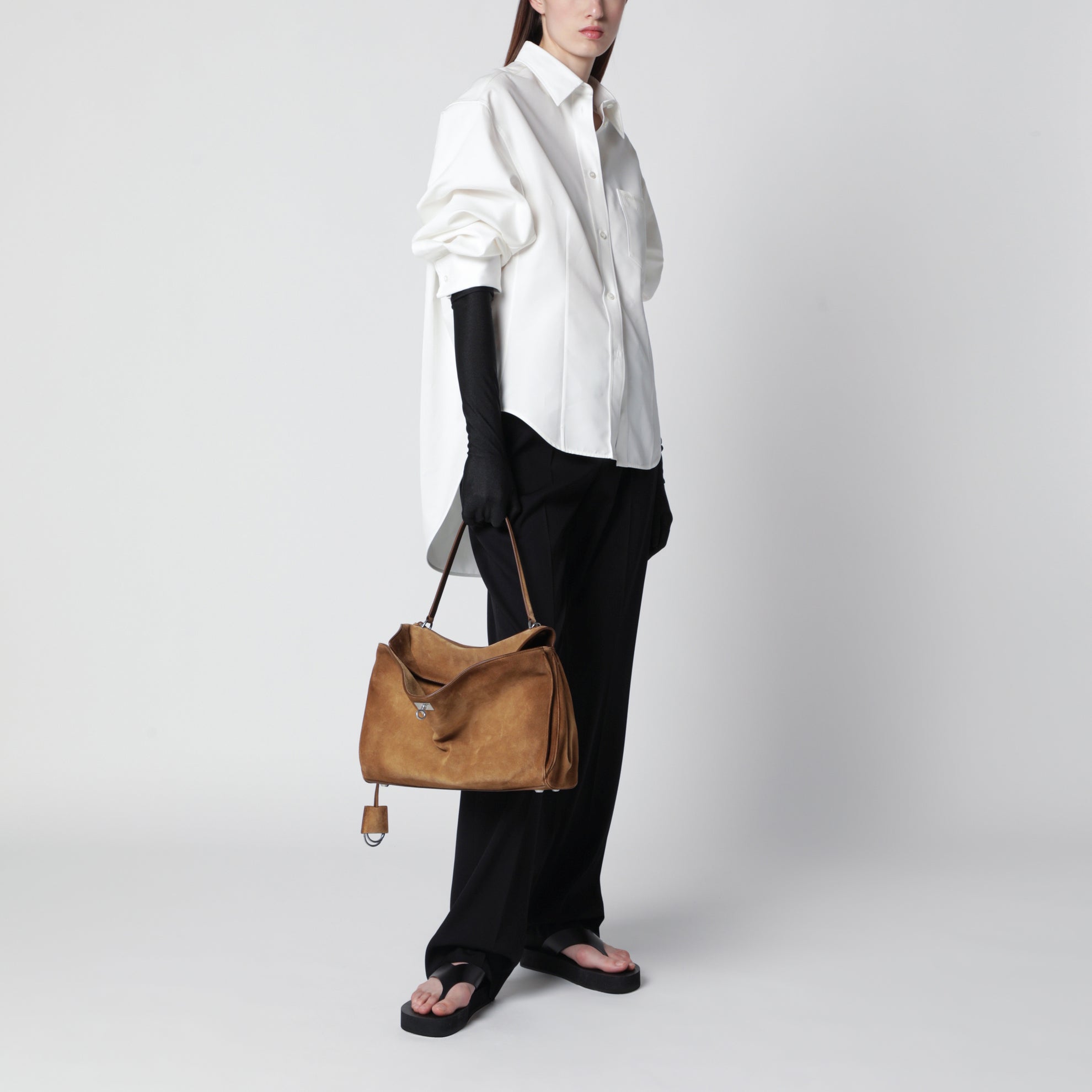 Borsa Rodeo media beige in pelle scamosciata