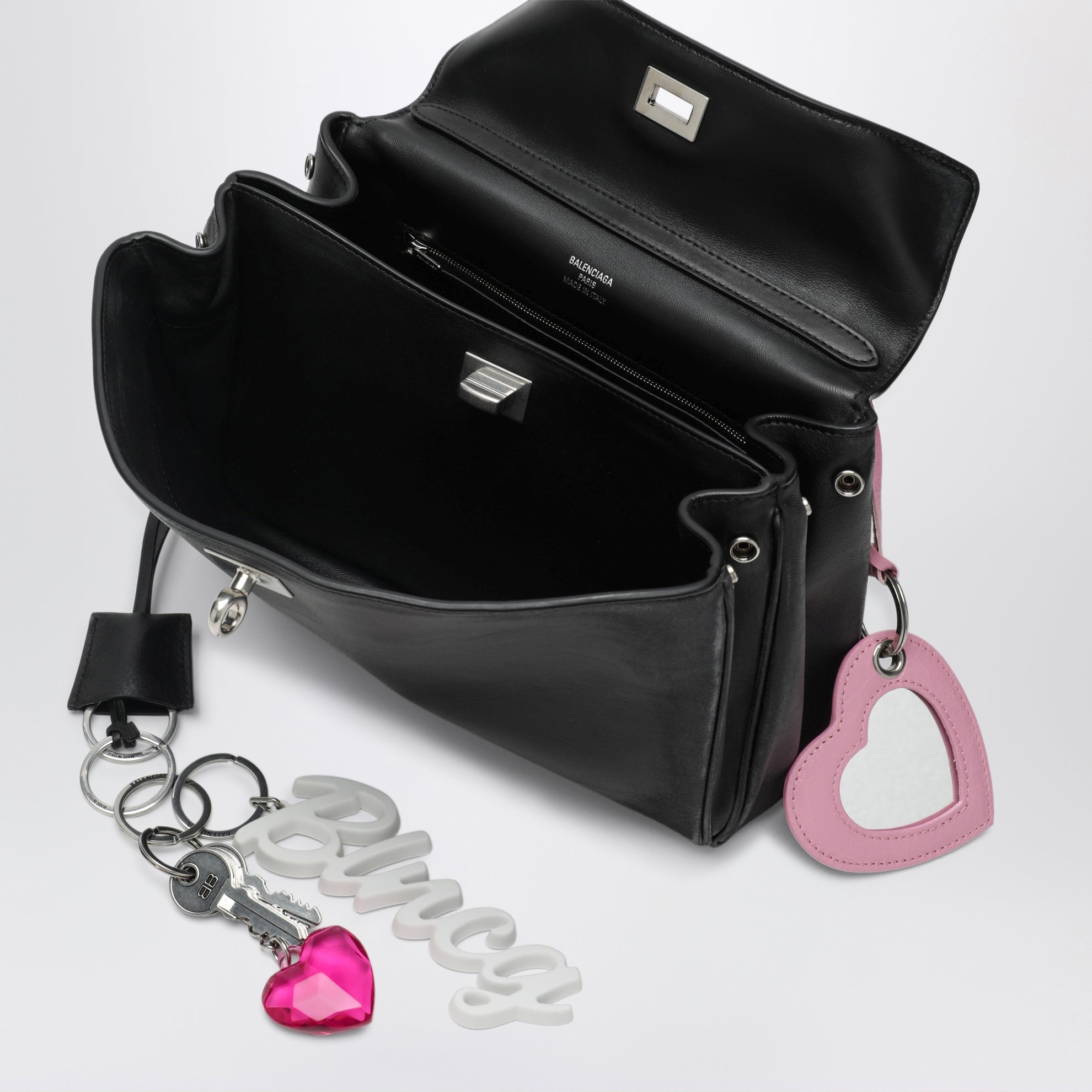 Small black Rodeo bag in smooth calf leather with charm