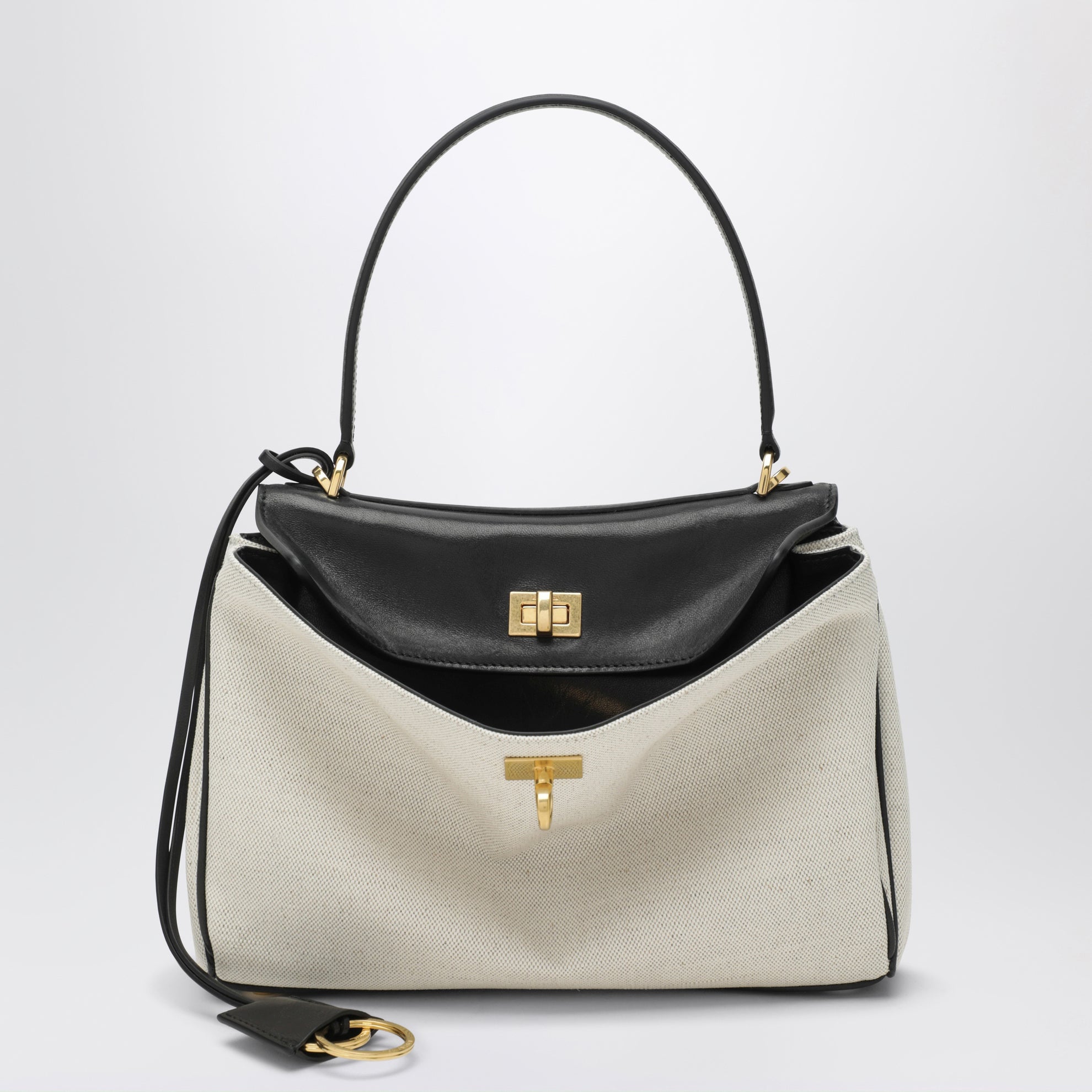 Small Rodeo handbag in linen and lambskin, natural/black