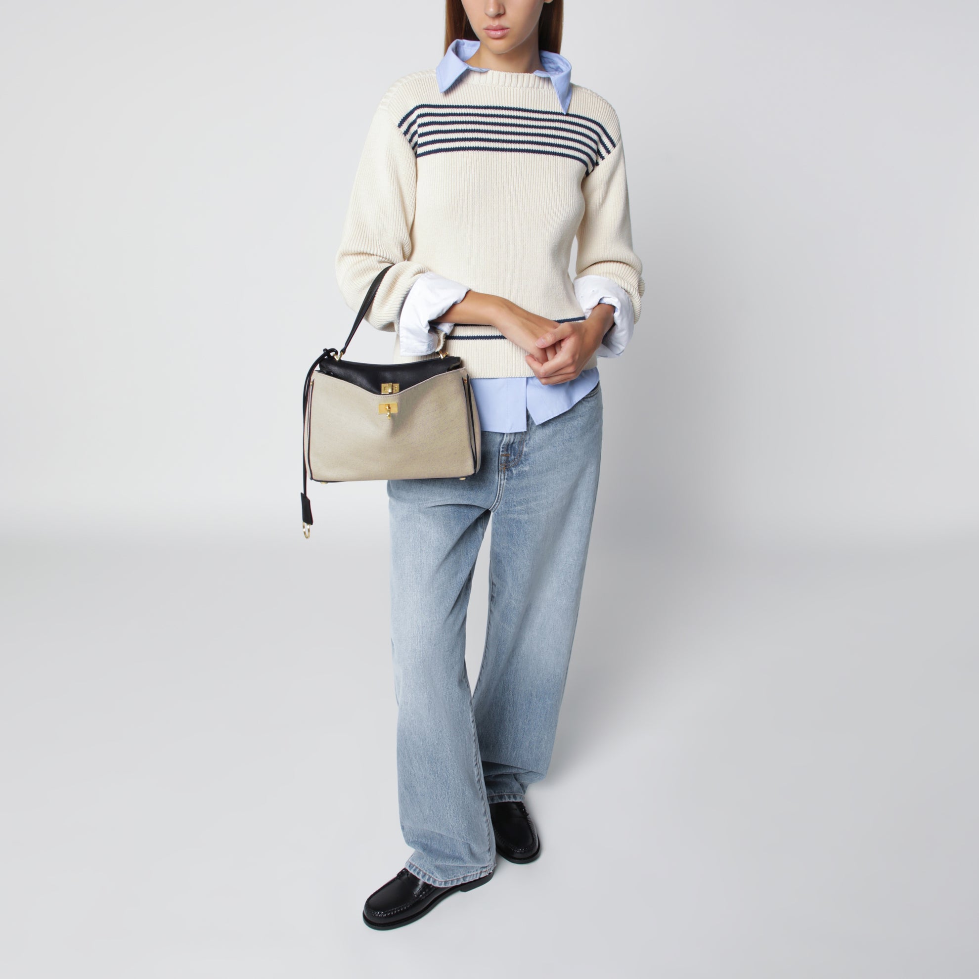 Small Rodeo handbag in linen and lambskin, natural/black