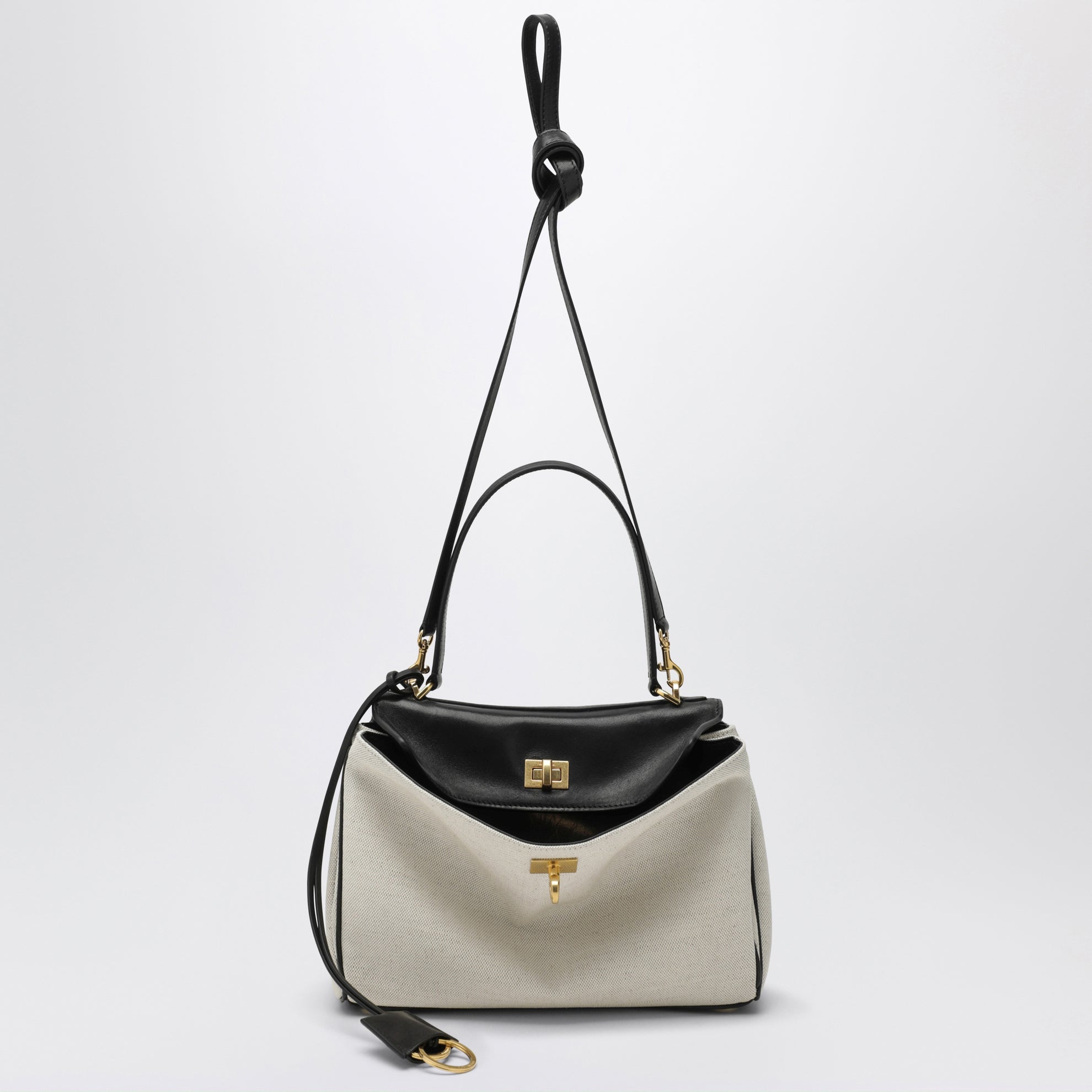 Small Rodeo handbag in linen and lambskin, natural/black