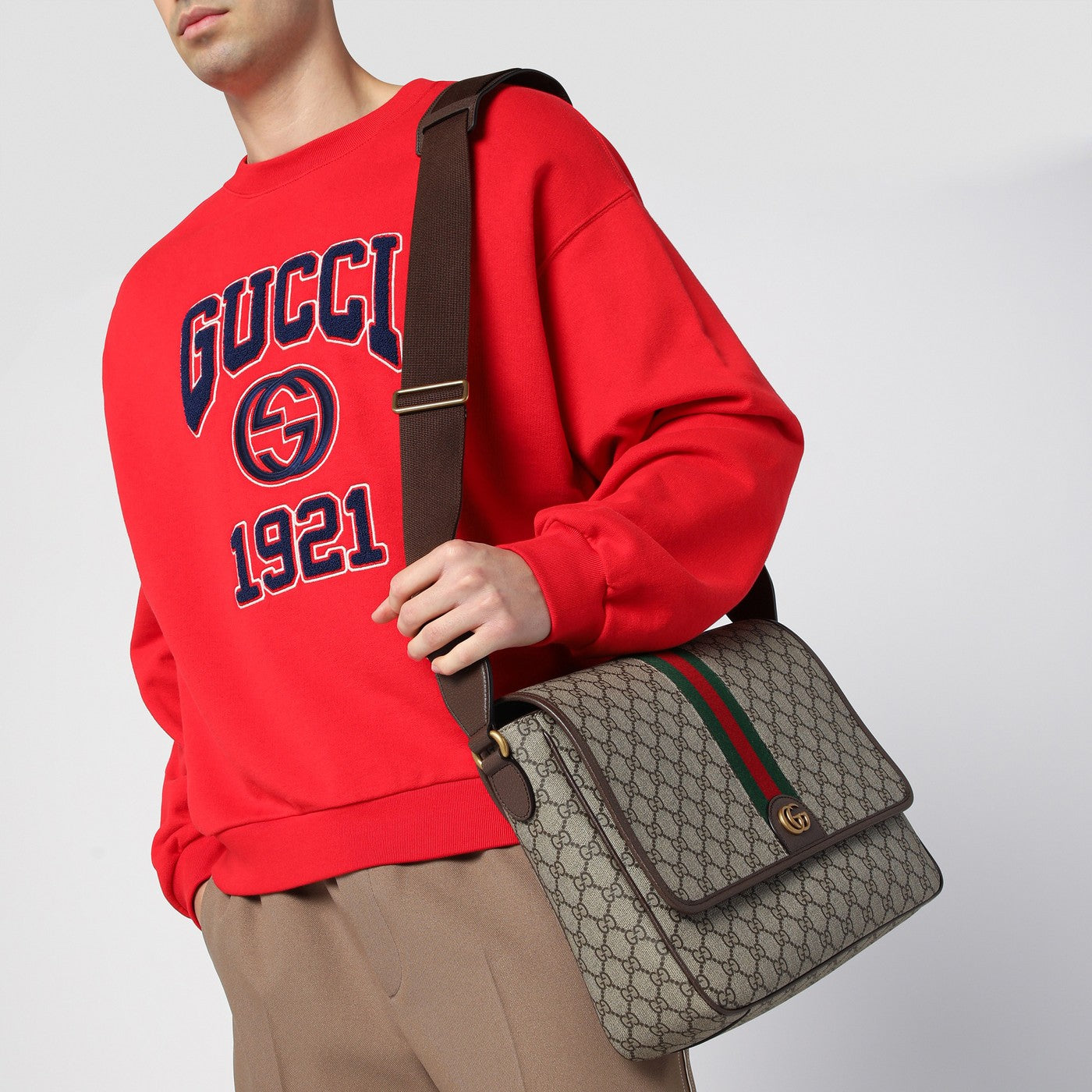 Umhängetasche mit Webdetail aus GG-Stoff beige/ebenholz