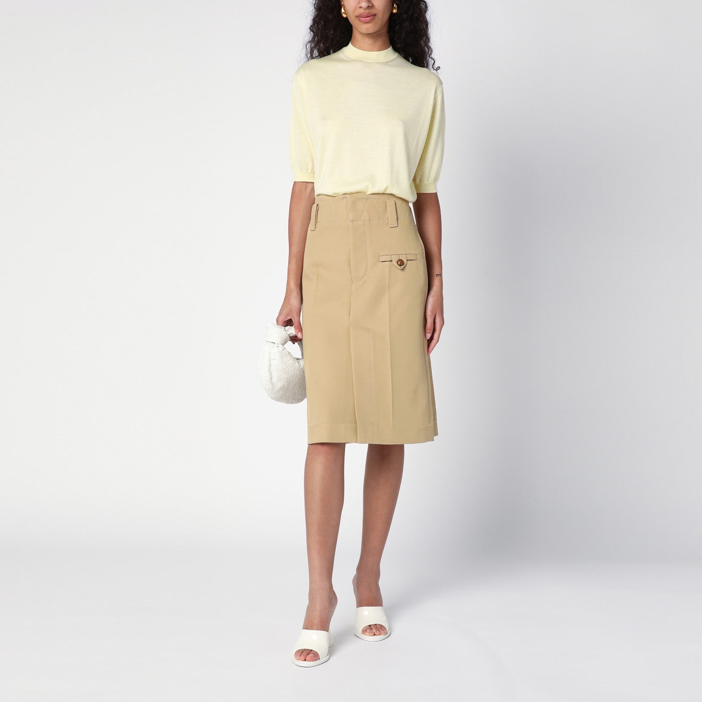 Beige cotton canvas midi skirt
