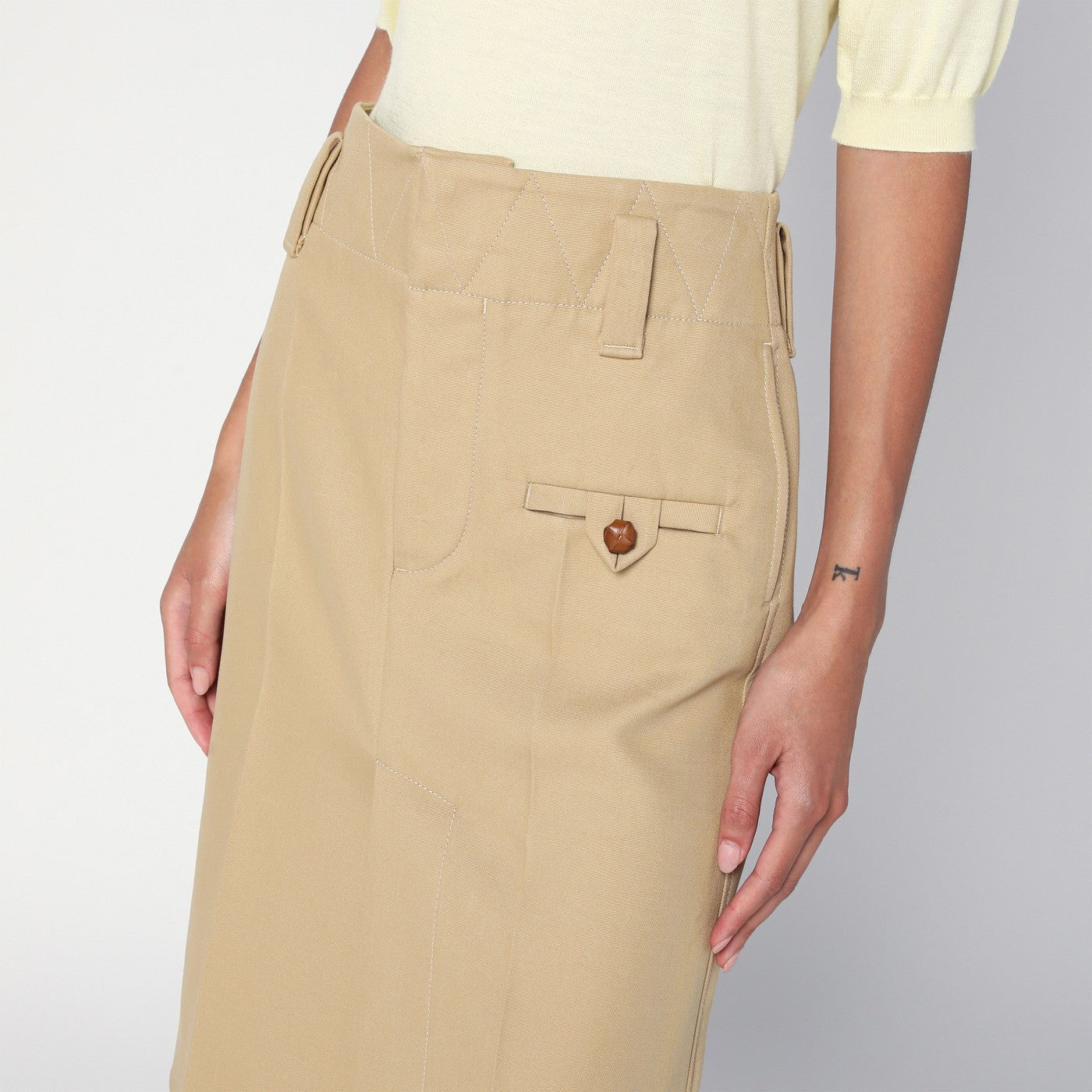 Beige cotton canvas midi skirt