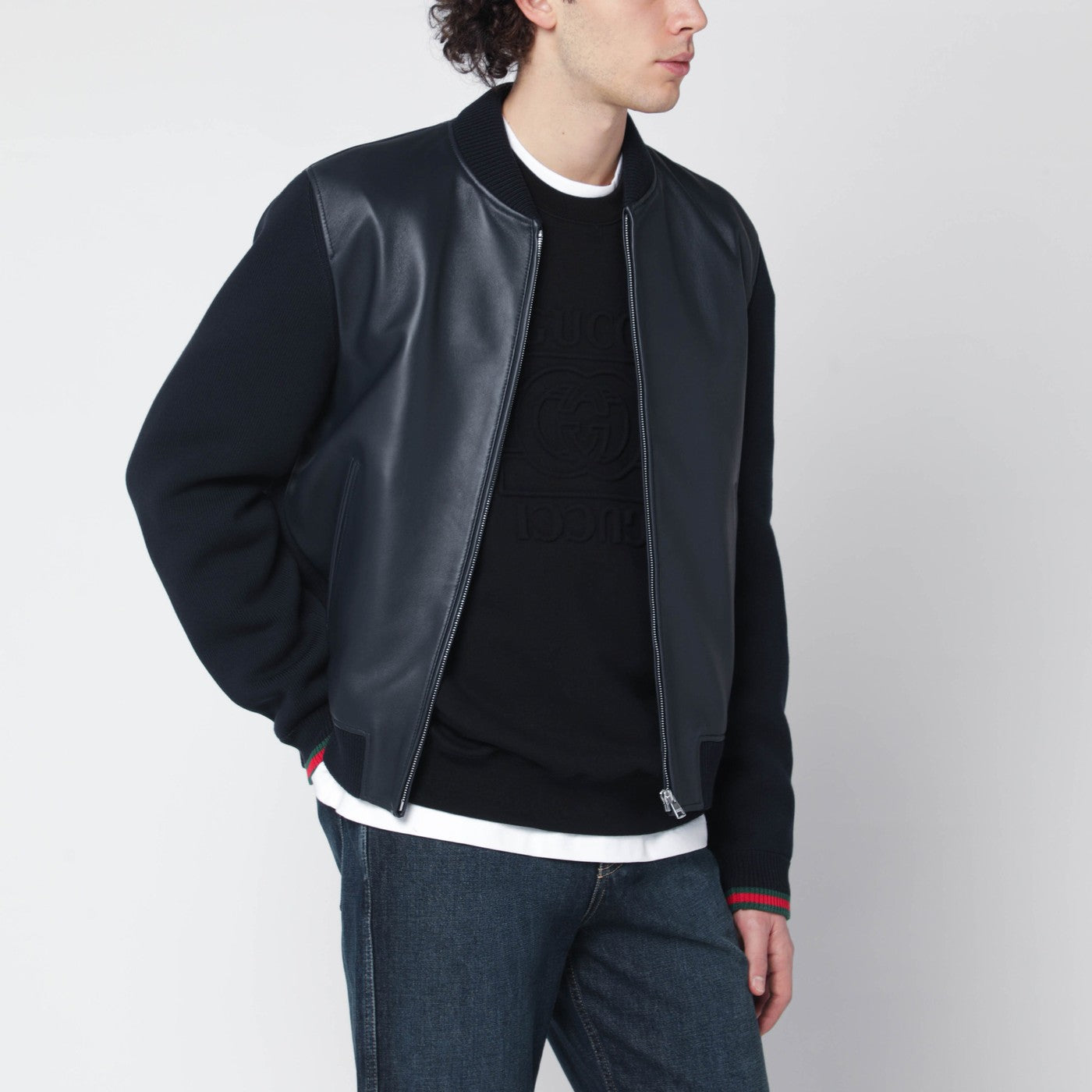 Bomber blu navy in nappa e maglia