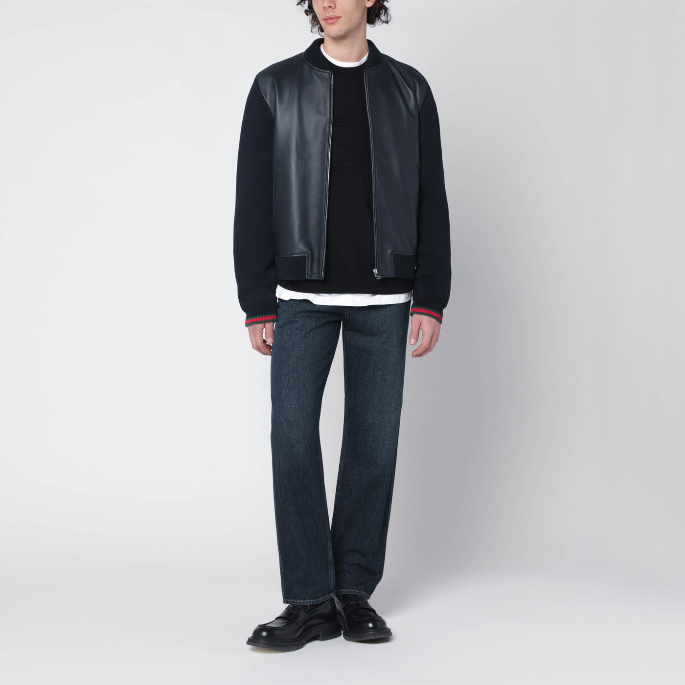 Bomber blu navy in nappa e maglia
