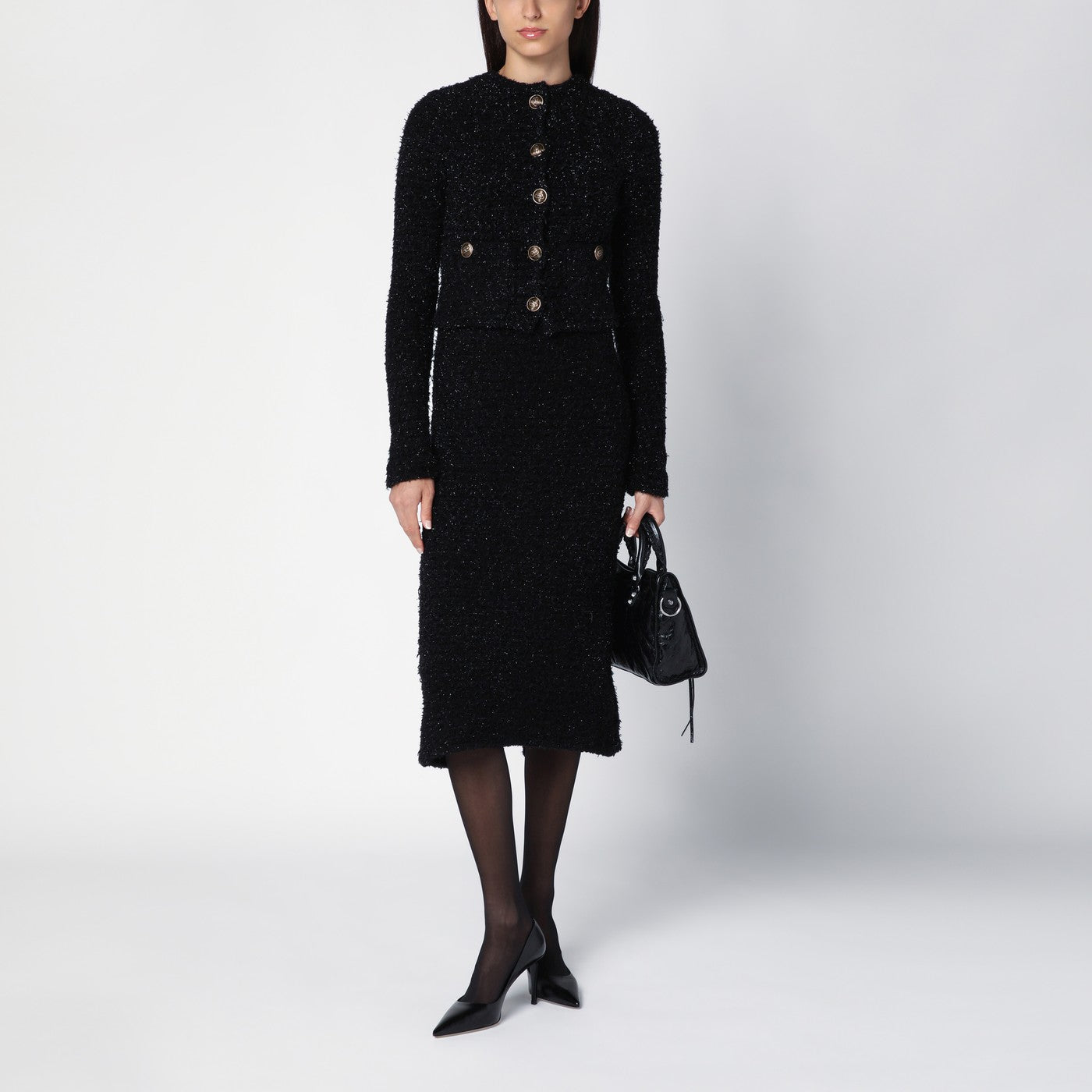 Jupe midi noire en tweed