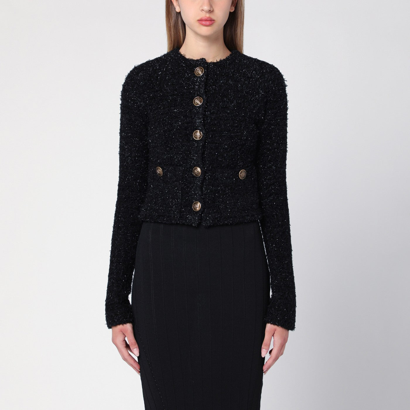 Cardigan court noir en tweed de coton mélangé