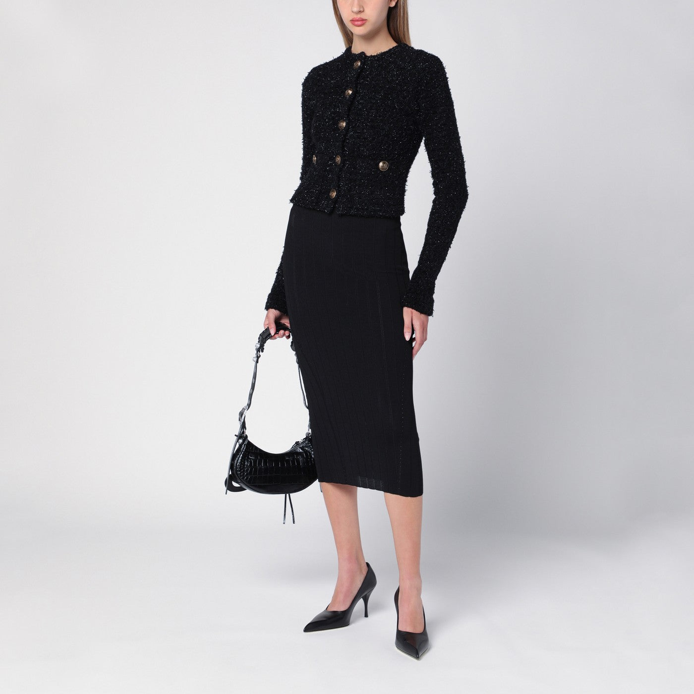 Cardigan court noir en tweed de coton mélangé