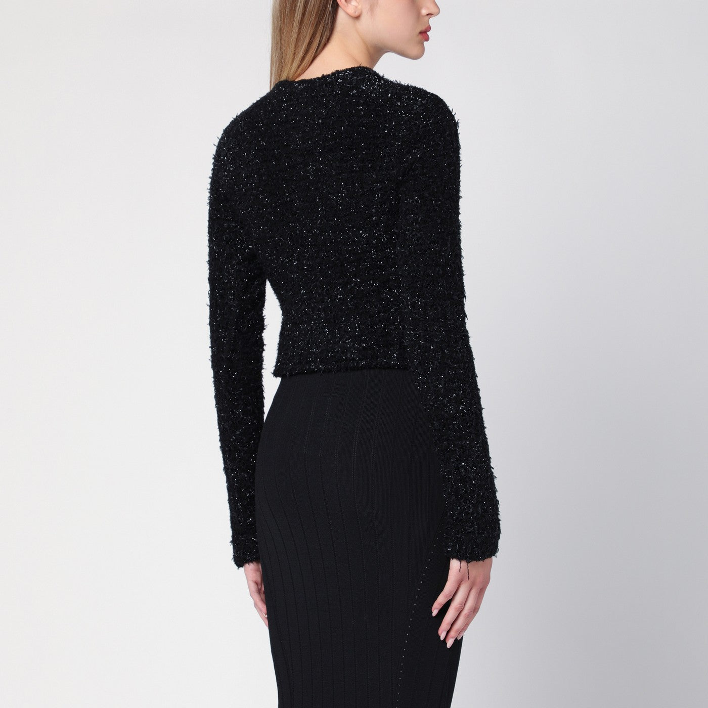 Cardigan court noir en tweed de coton mélangé
