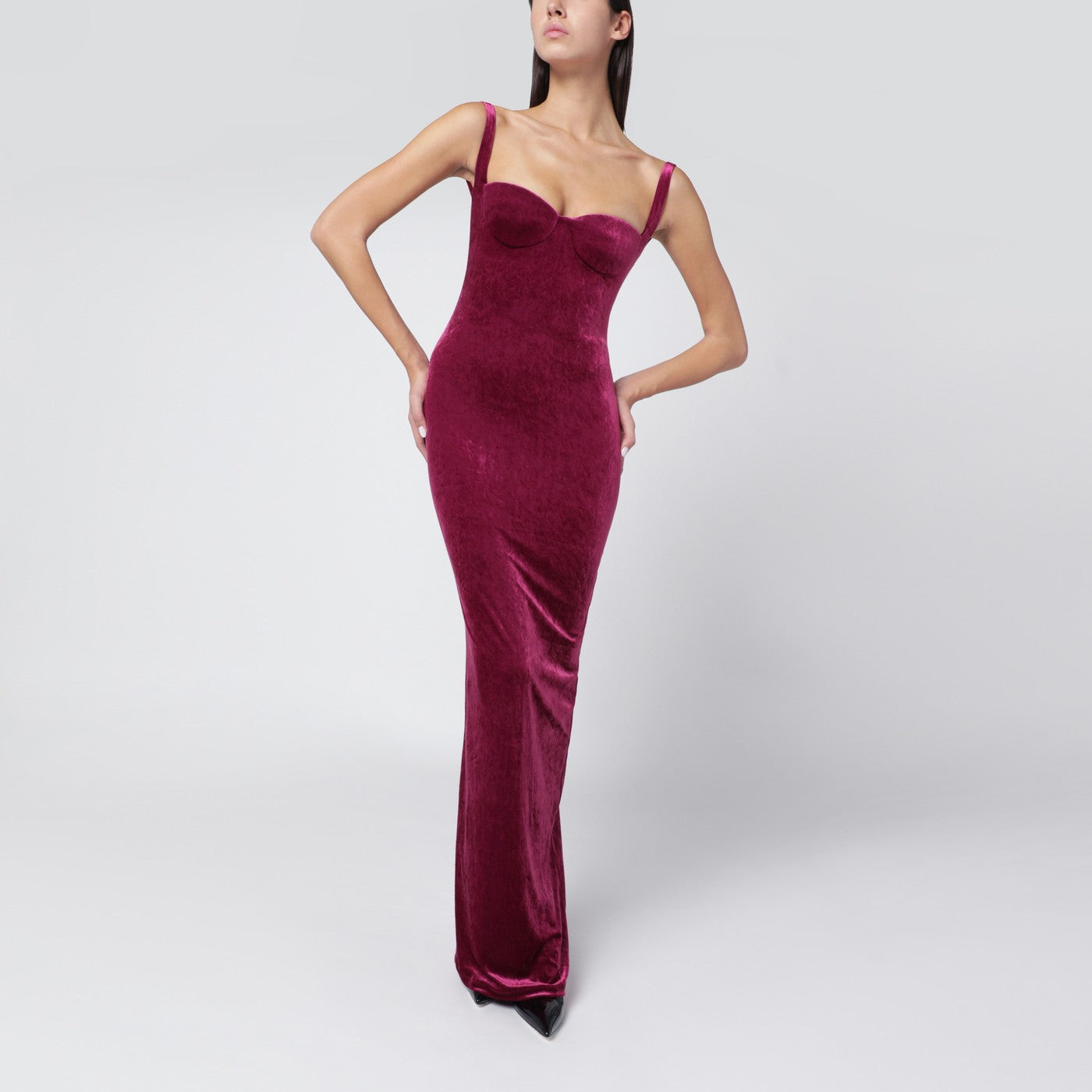 Long plum-colored velvet dress