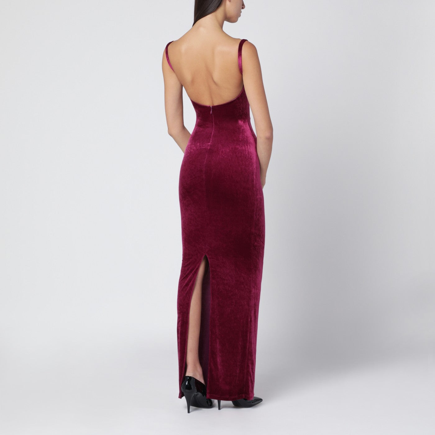 Long plum-colored velvet dress