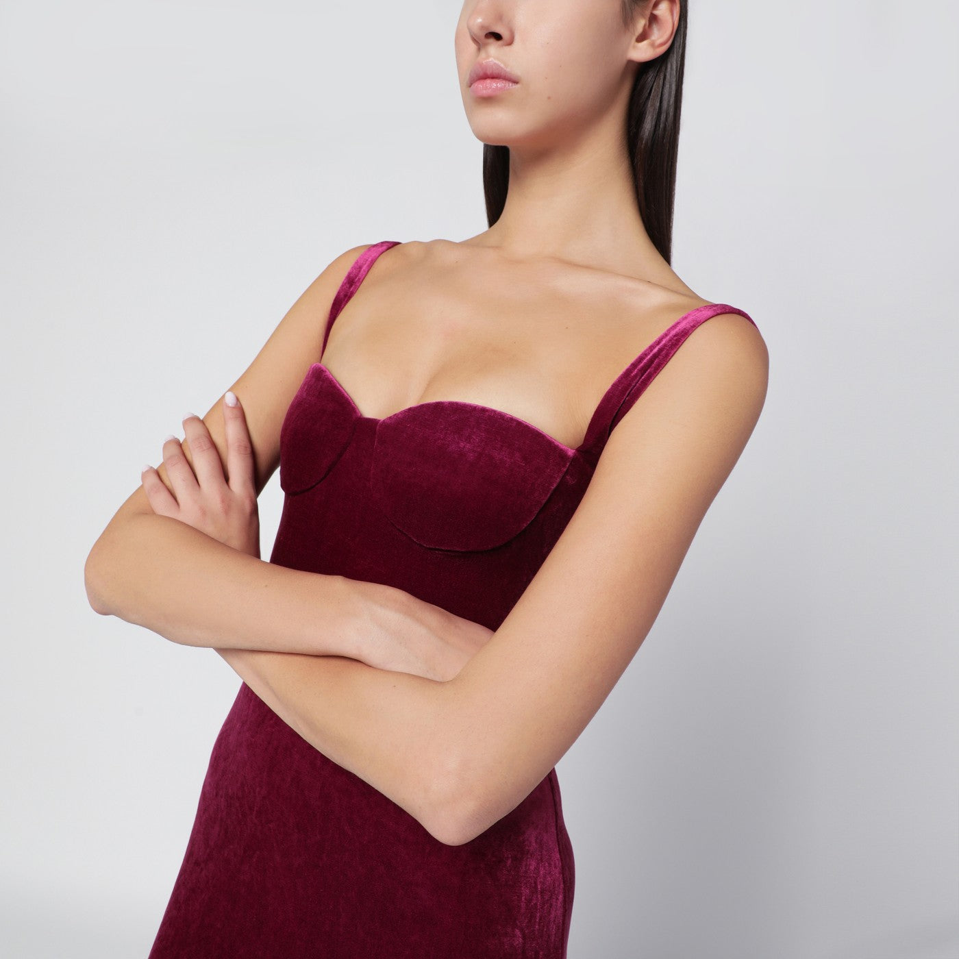 Long plum-colored velvet dress