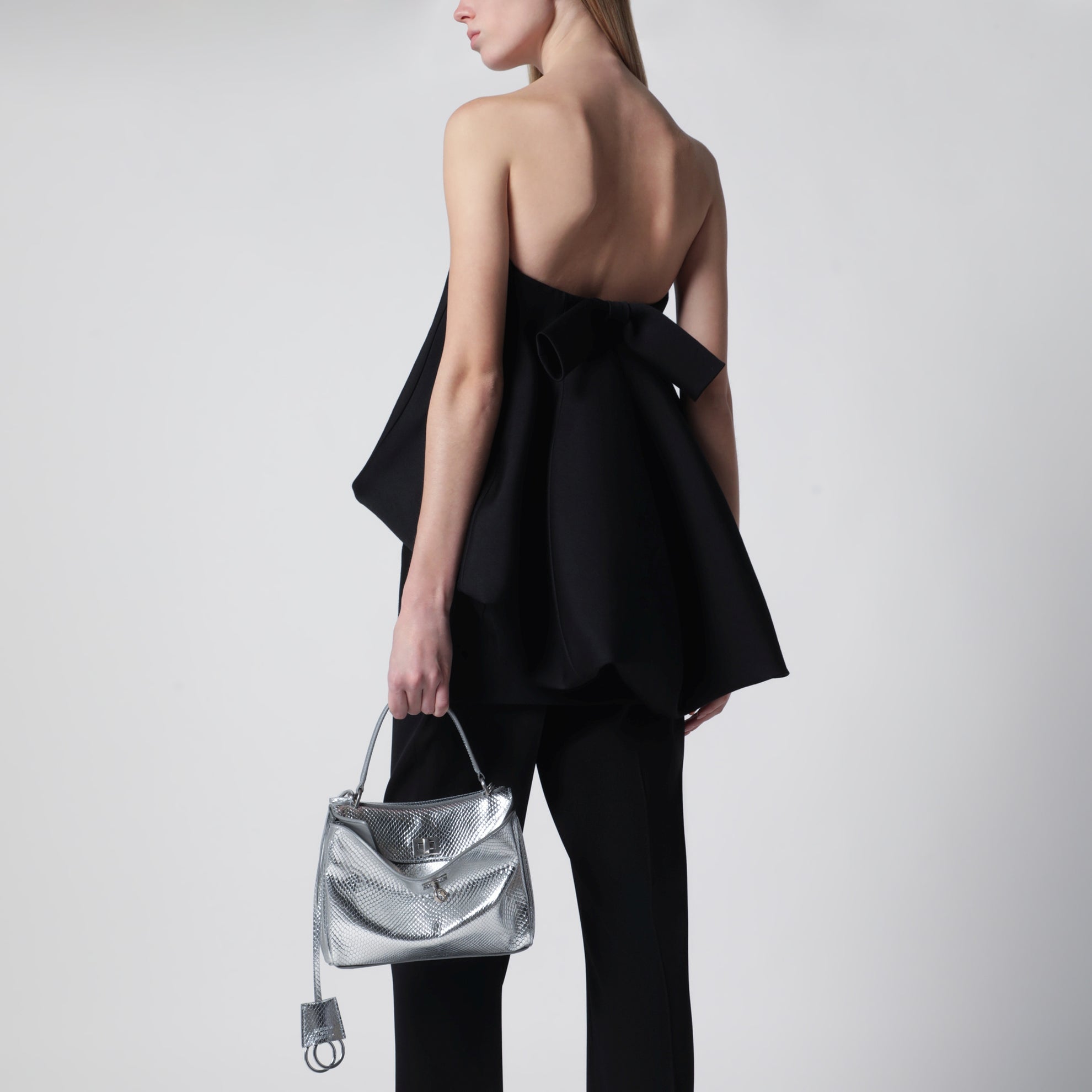 Mini Rodeo bag in shiny silver leather with python print