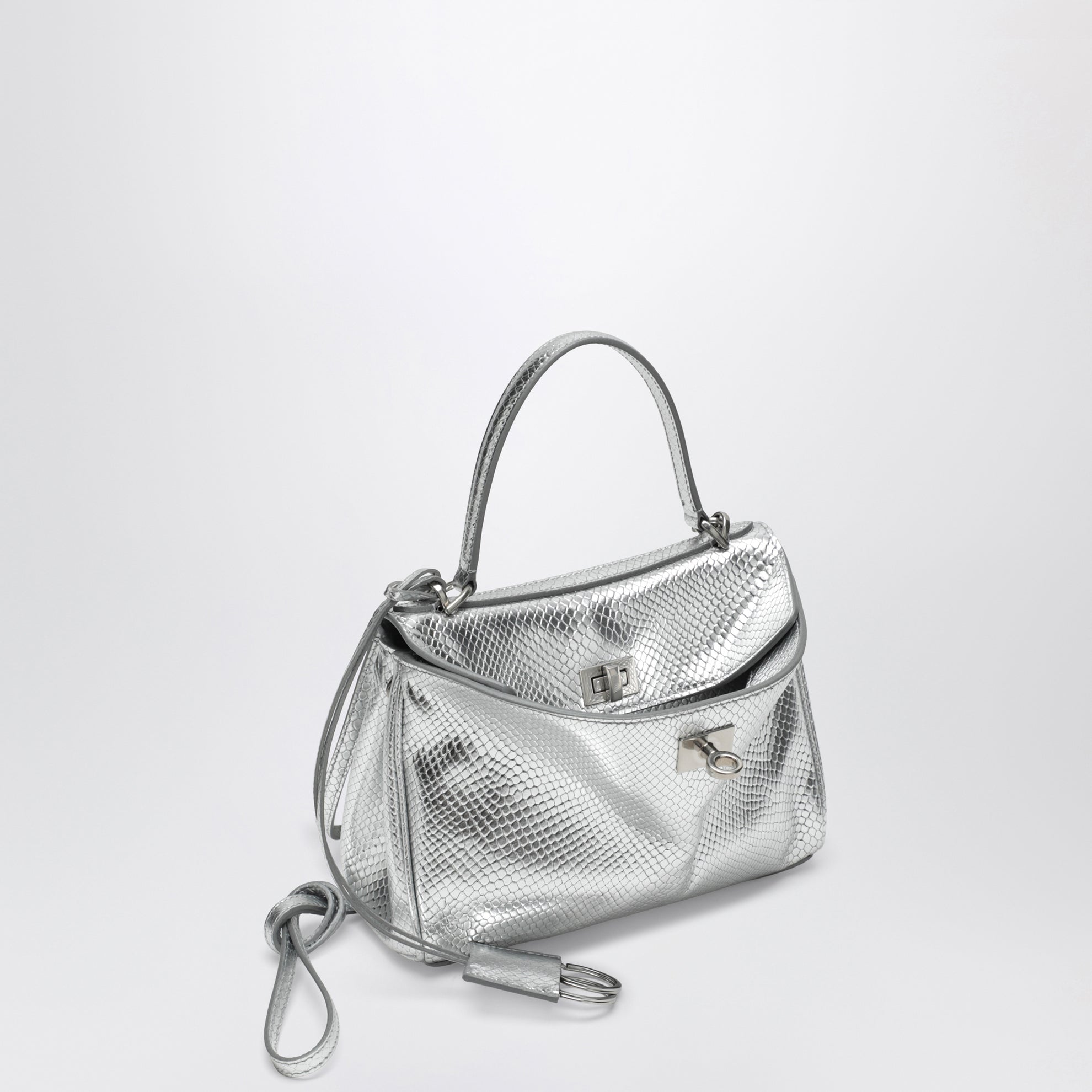 Mini Rodeo bag in shiny silver leather with python print