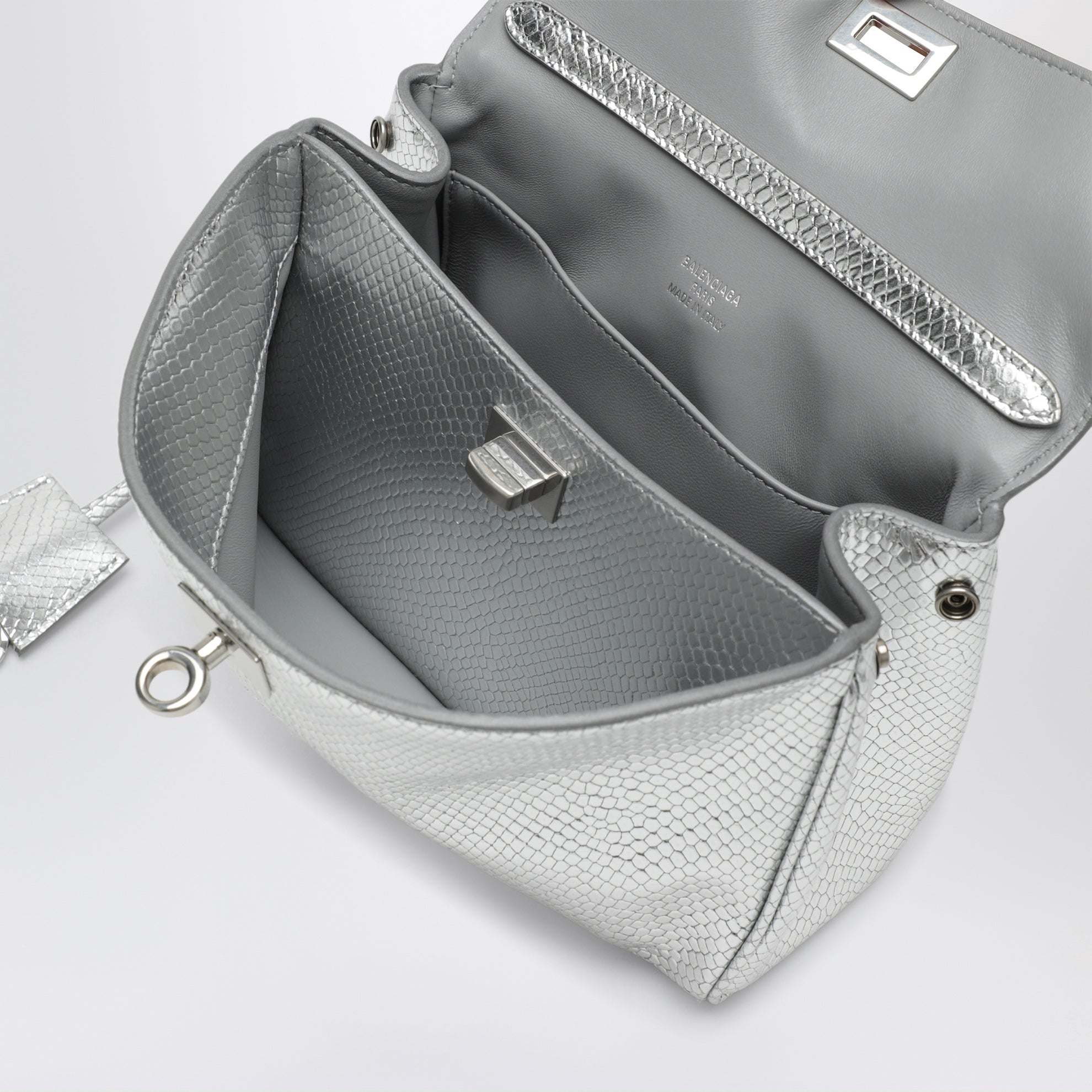 Mini Rodeo bag in shiny silver leather with python print