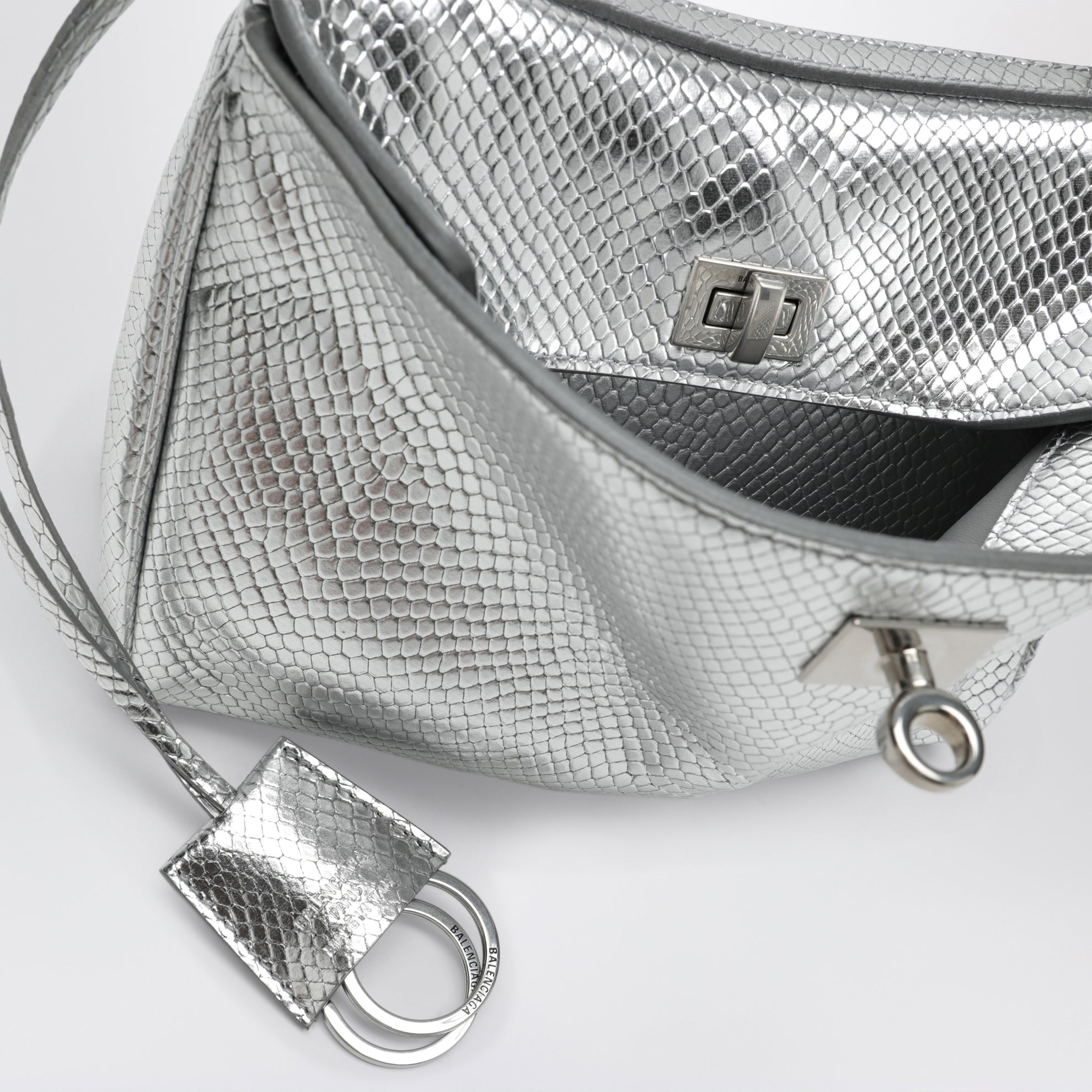 Mini Rodeo bag in shiny silver leather with python print