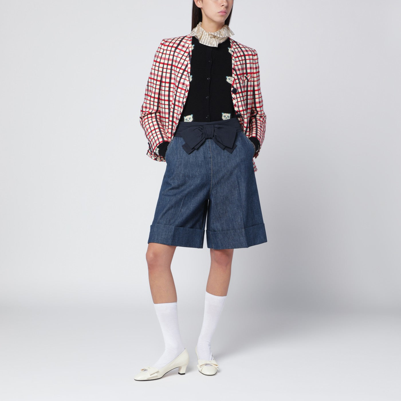 Denim bermuda shorts with oversized bow