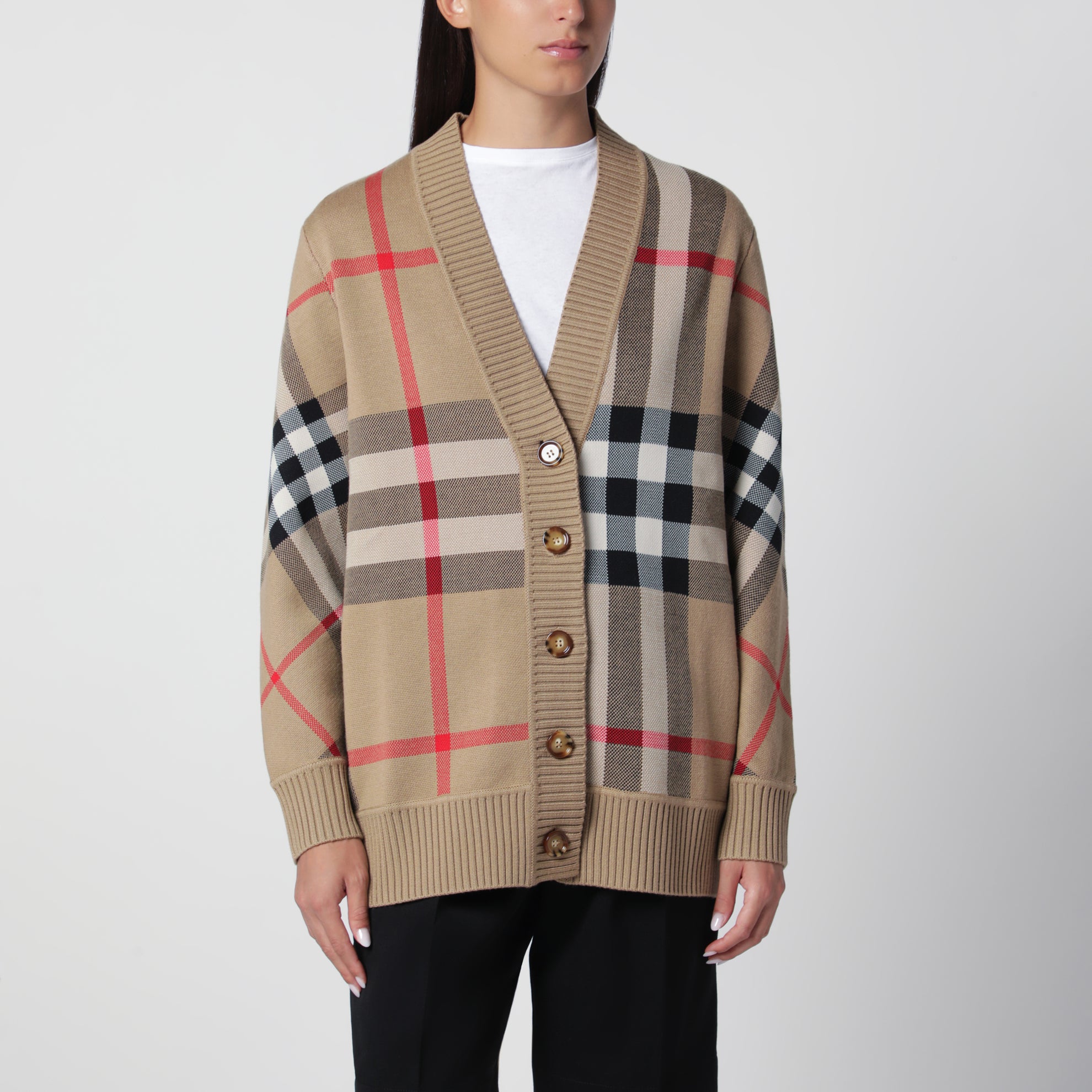 Beige Check cardigan in wool blend