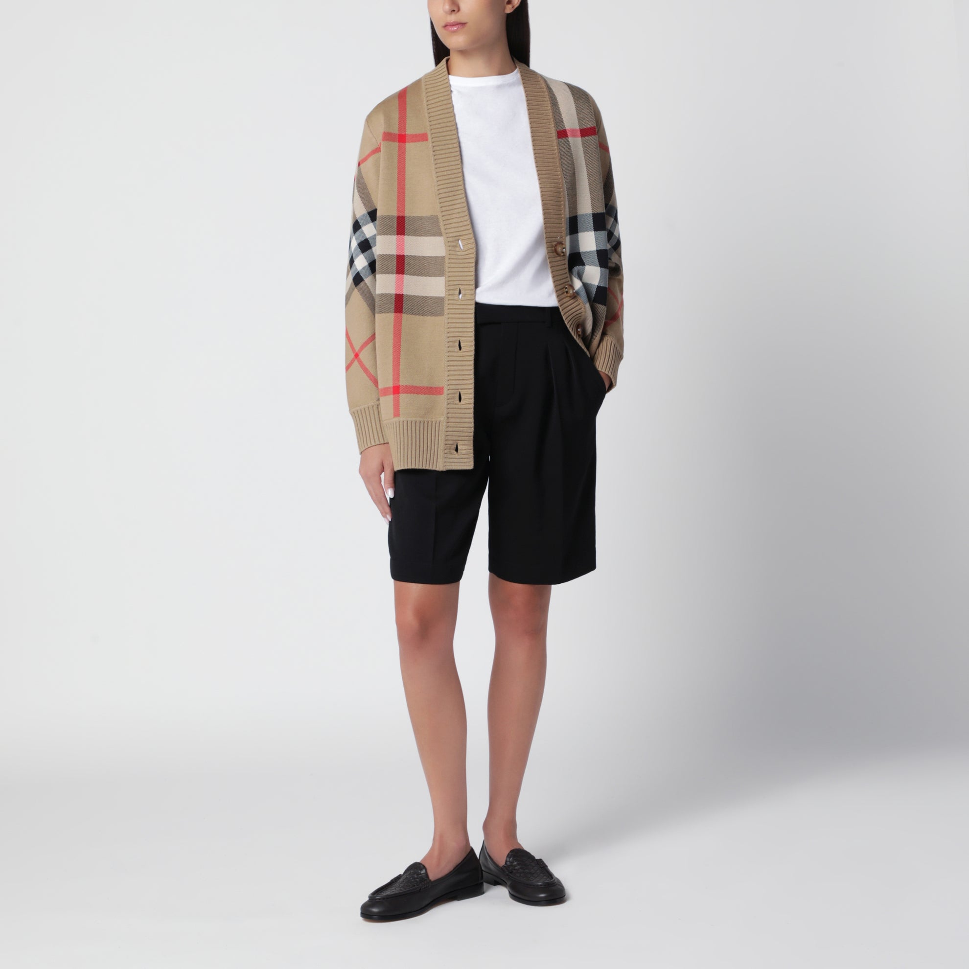 Beige Check cardigan in wool blend