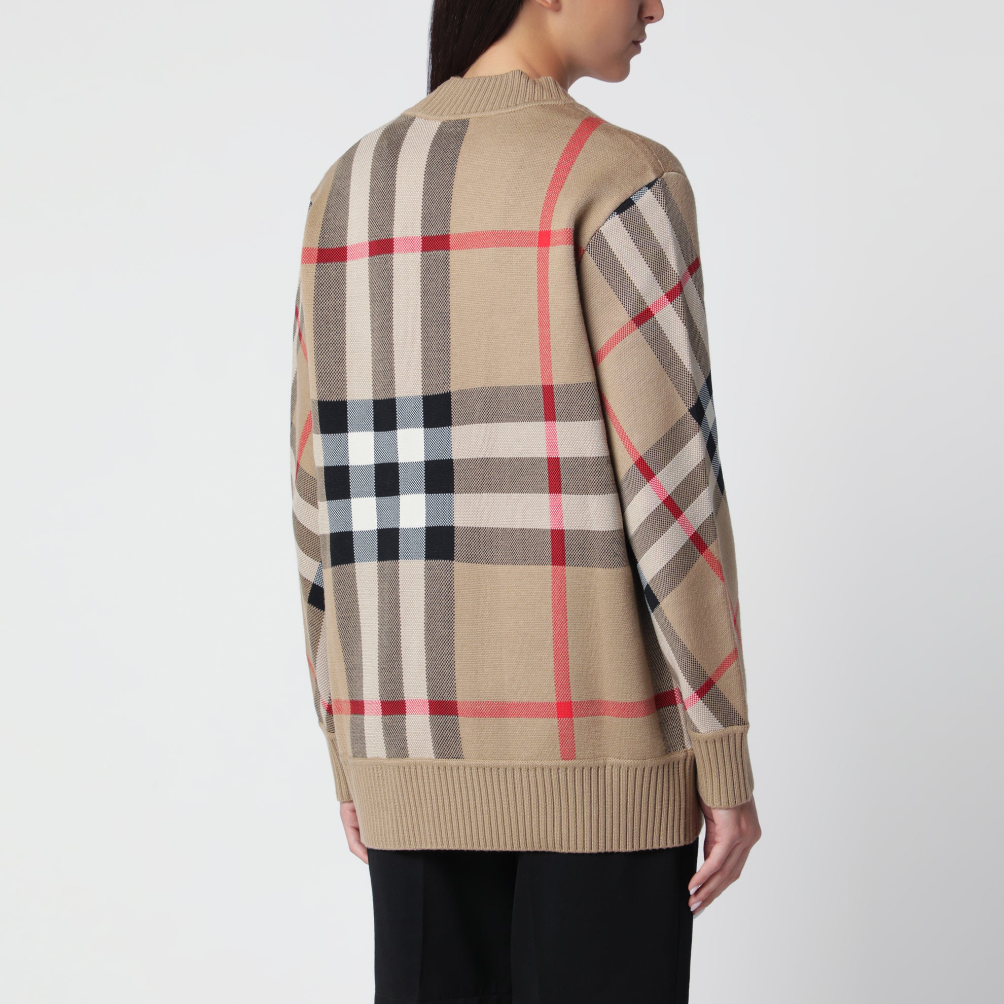 Beige Check cardigan in wool blend