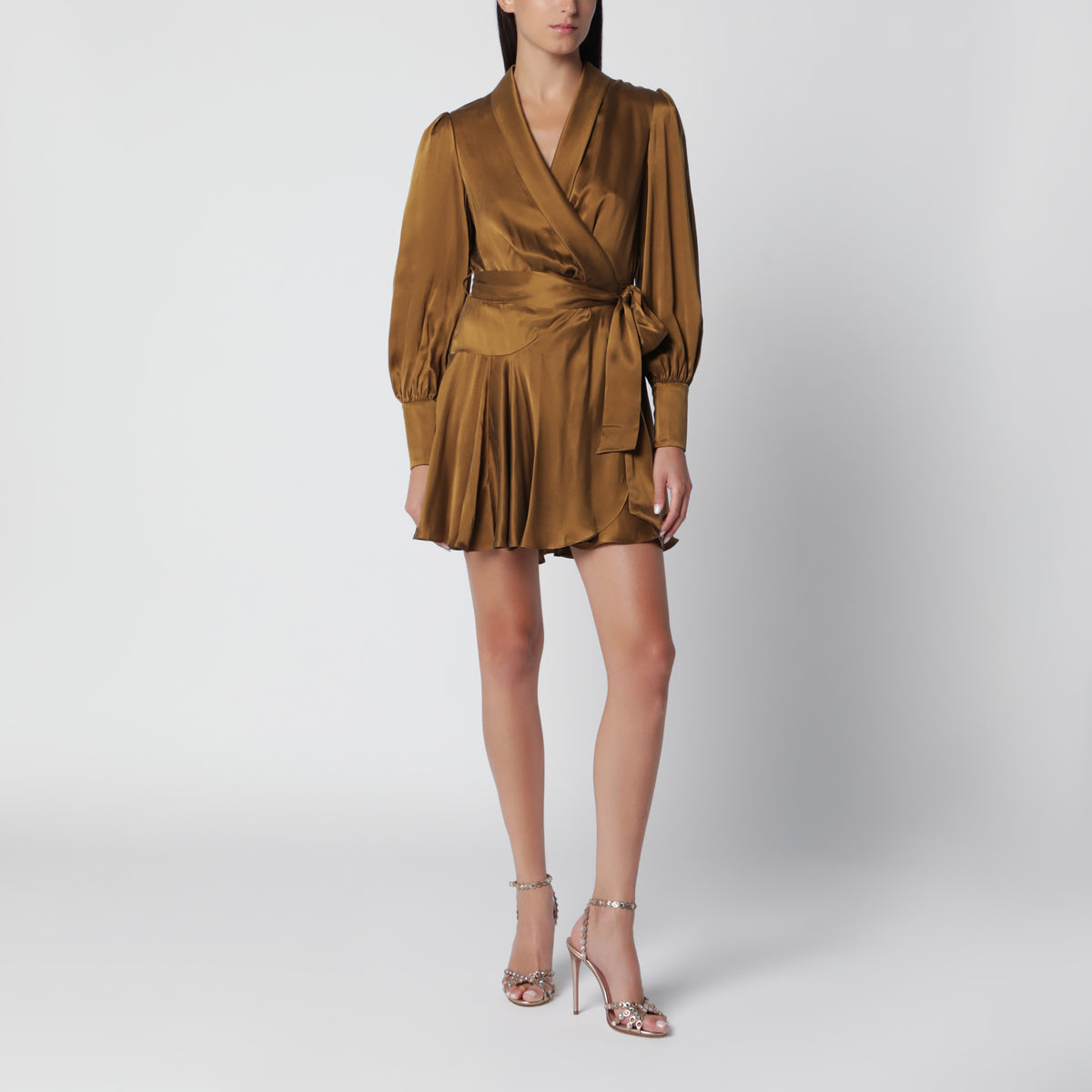 Mini abito a portafoglio khaki in seta