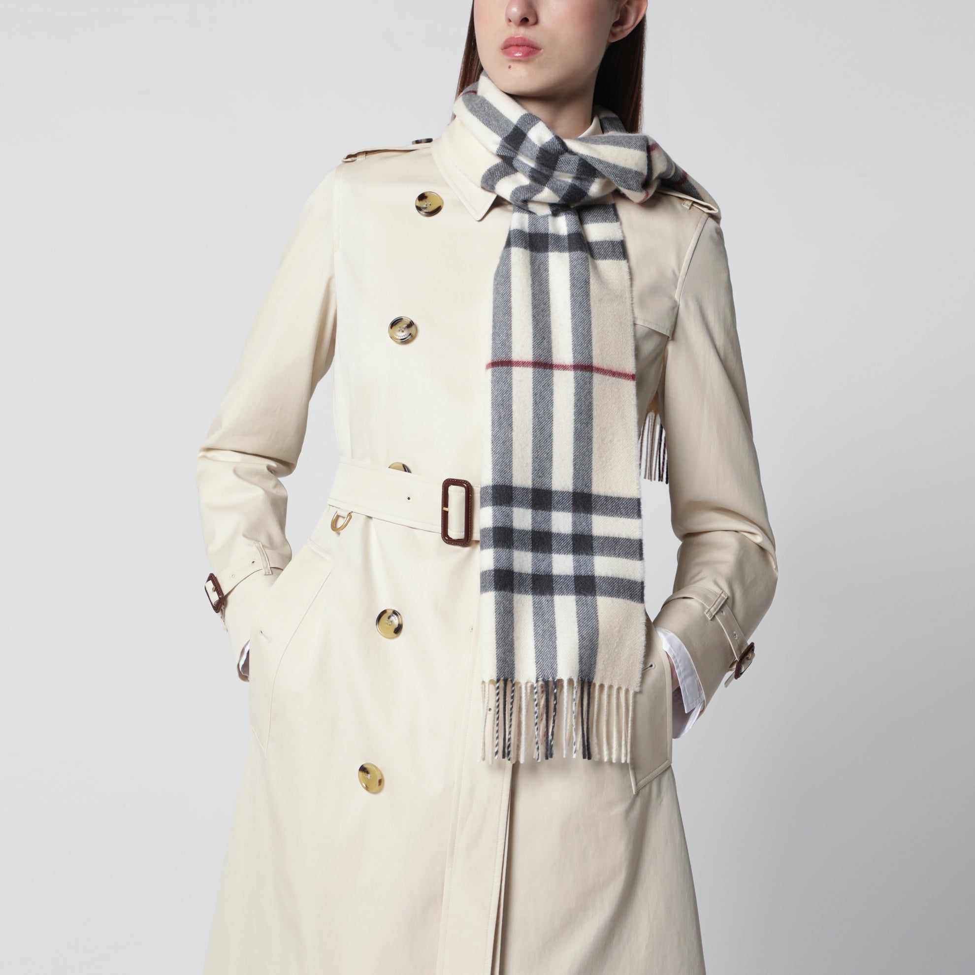 Check cashmere scarf in stone