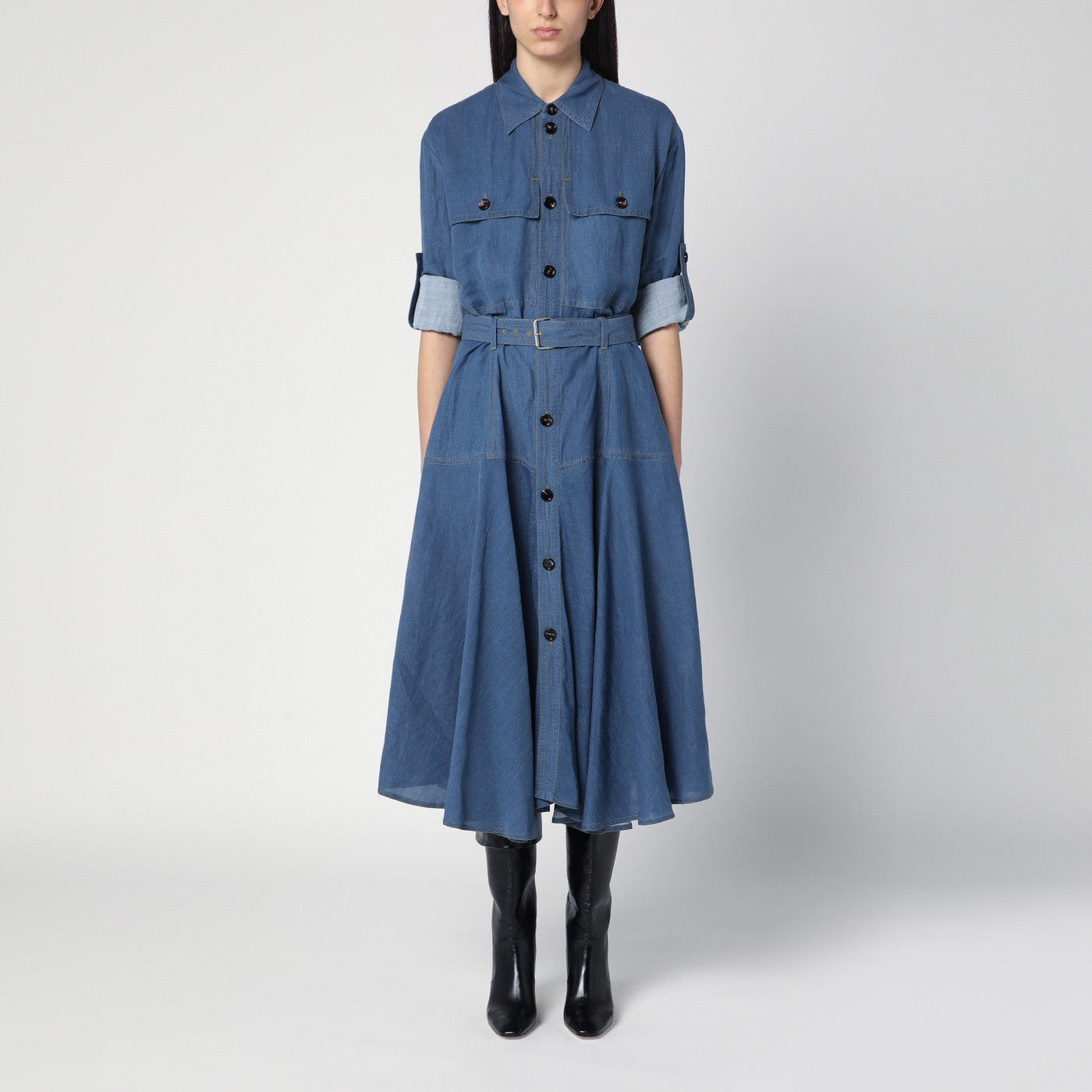 Blaues Hemdkleid aus Leinengemisch