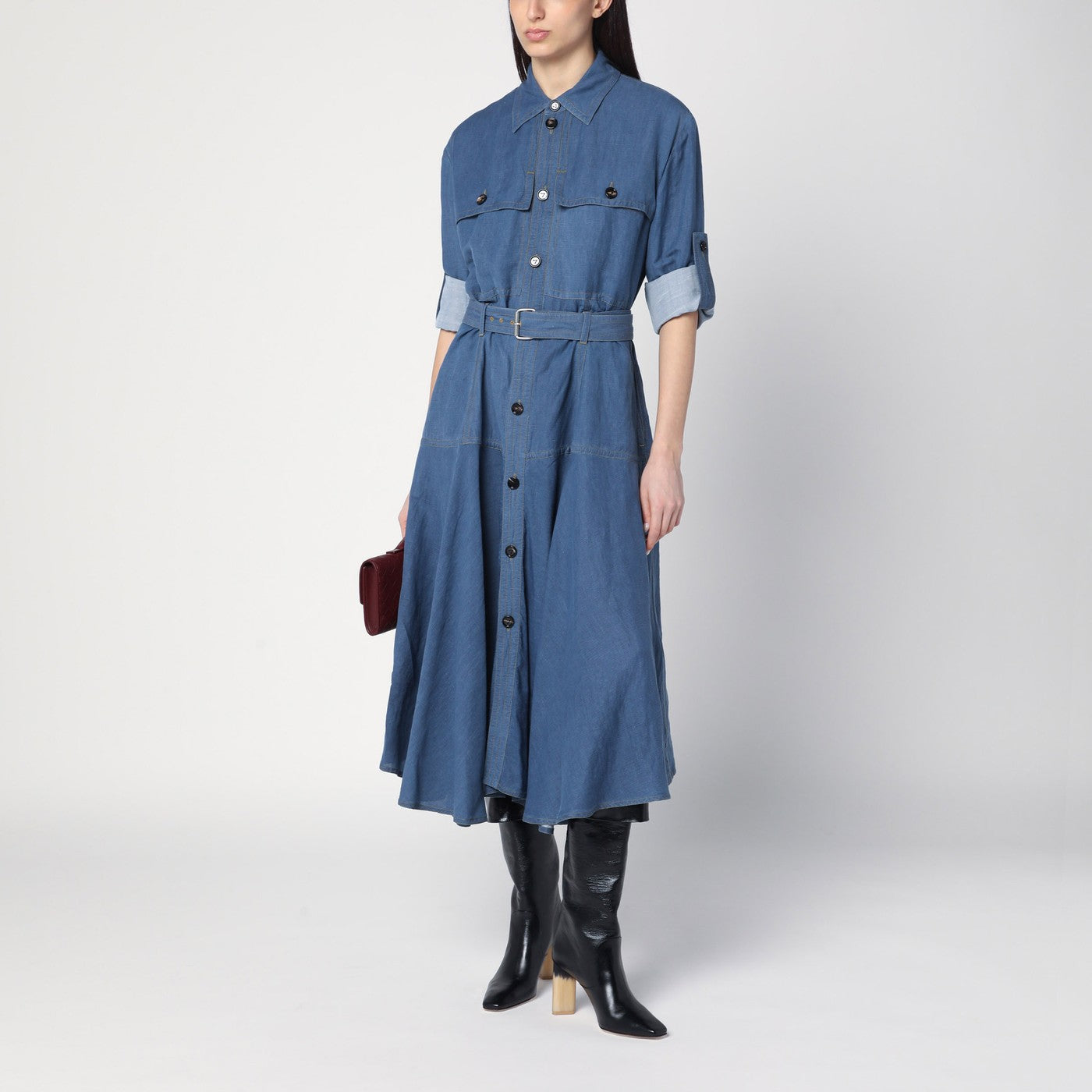 Blaues Hemdkleid aus Leinengemisch