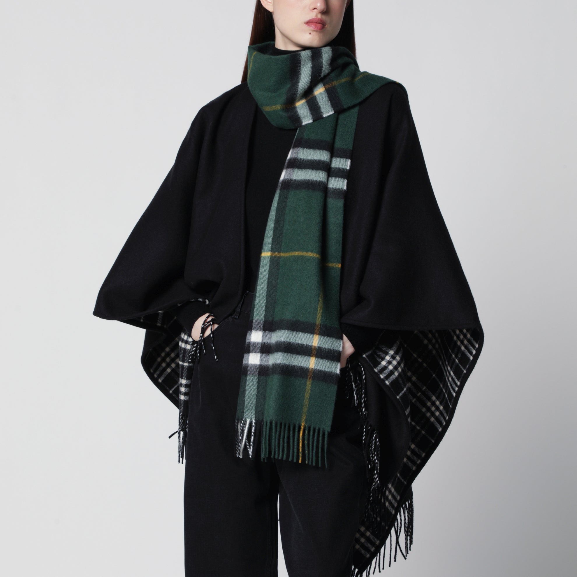 Sciarpa Check in cashmere verde felce scuro