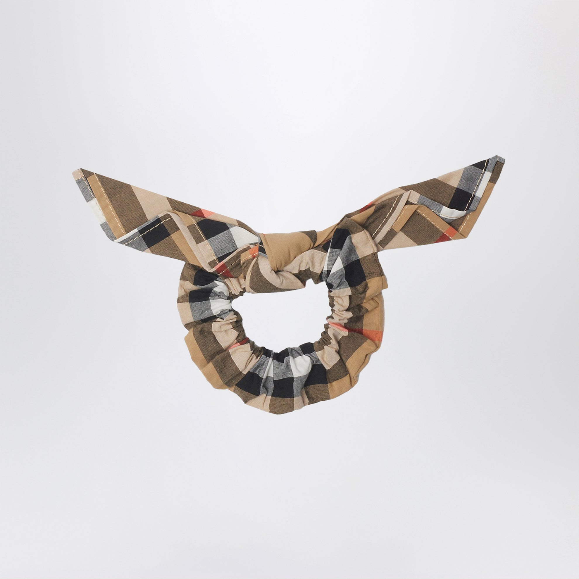 Beige Check Pattern Cotton Scrunchies