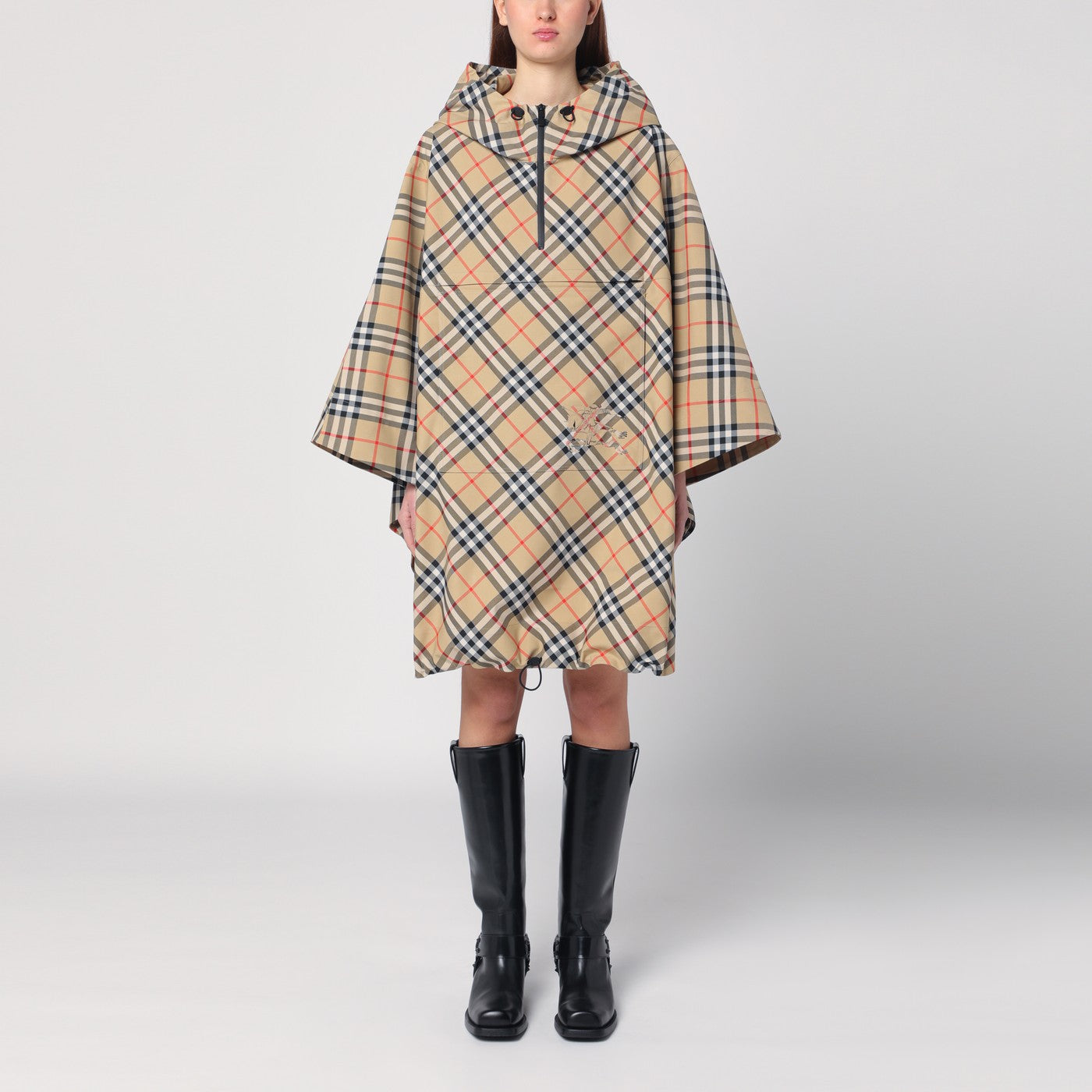 Poncho con cappuccio motivo Check