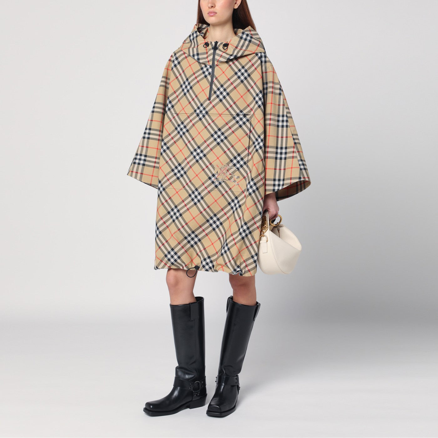 Poncho con cappuccio motivo Check