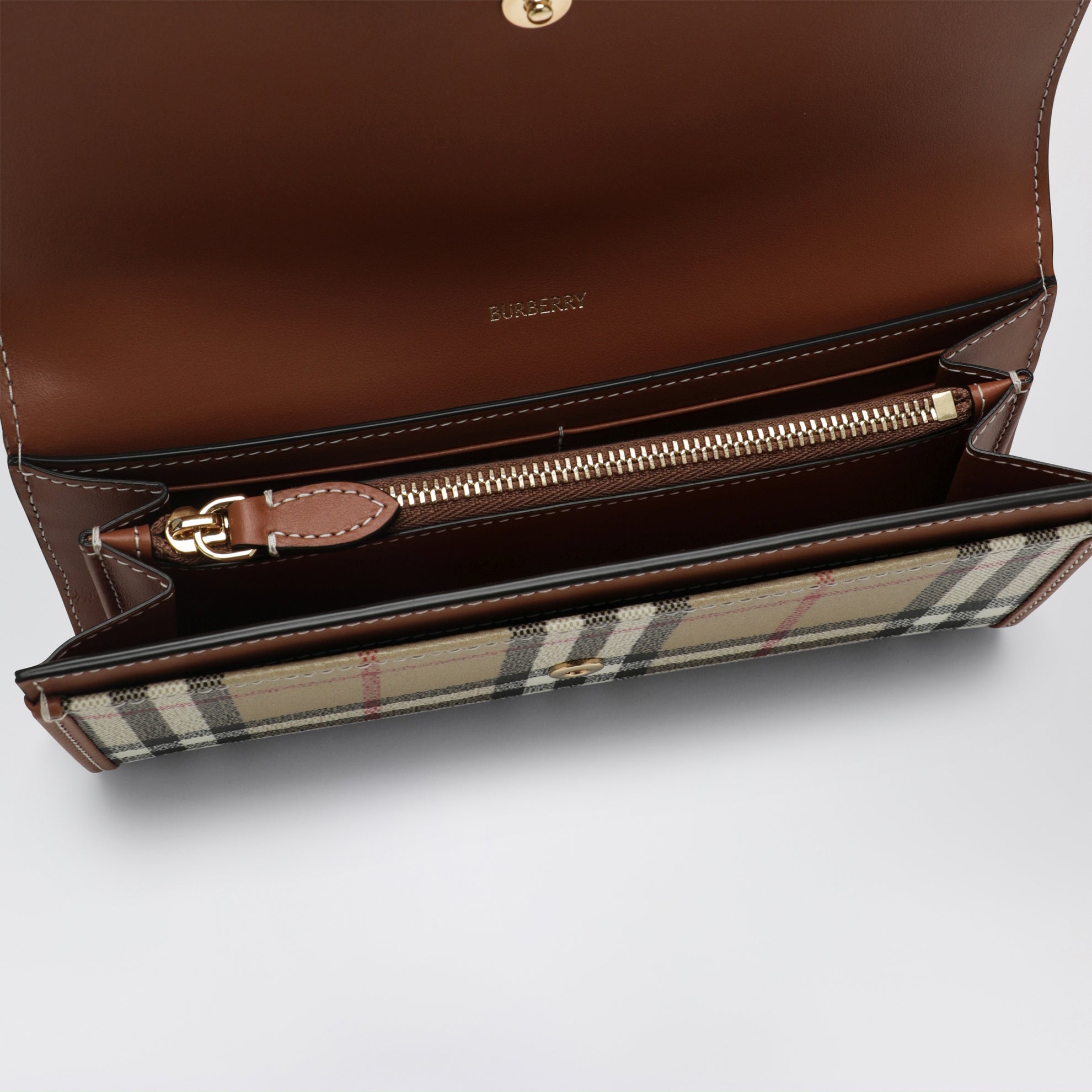 Portefeuille continental Check en coton enduit beige