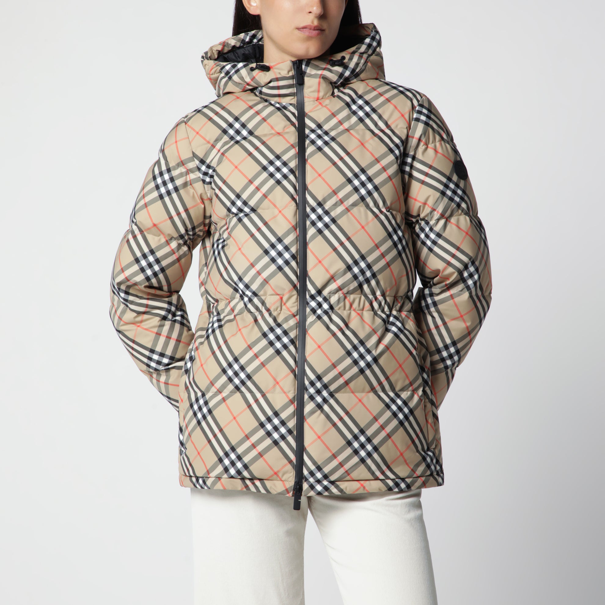 Hooded check nylon puffer jacket in sand