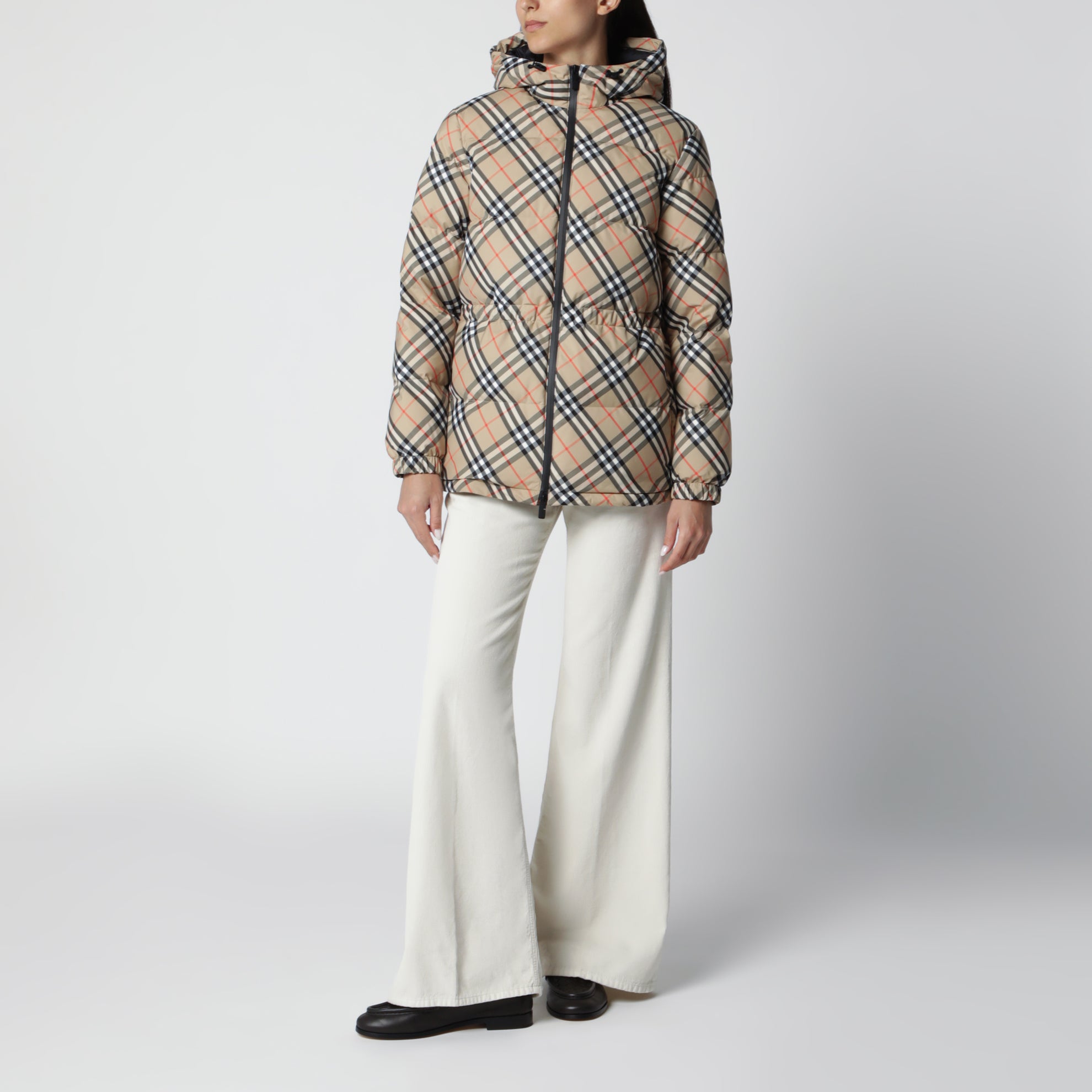 Hooded check nylon puffer jacket in sand